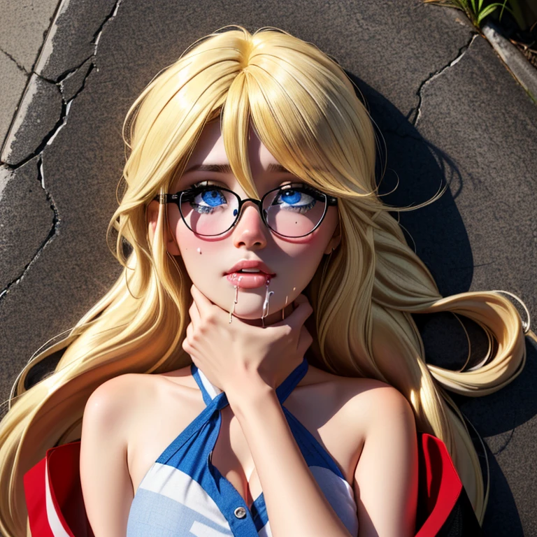 (detailed eyes:1.3), Beautiful Lighting, (1girl:blue  eyes, blonde hair, absurdly long hair, hair between eyes), (real skin), (outdoors, alley:1.2), 
 1girl, glasses, rolling eyes, strangling, asphyxiation, drooling, tearing up, spoken heart, on back