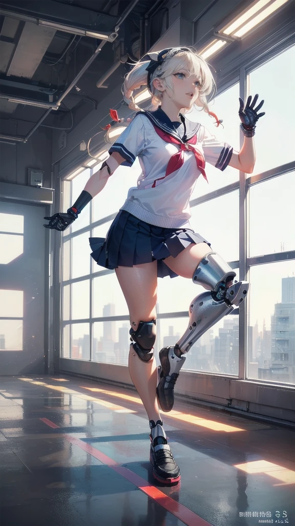 Full Body Shot,Perfect Eyes, Soft Light, high quality, 8k resolution, Masterpiece: Finely textured skin, Attention to detail, 最high quality, Awards, Very detailed, high quality,((Teenage Girls,Student Uniform,High school girl,Body 30％mechanical,Laugh naturally:1.35,The left leg is a prosthetic:1.25,His right arm is a complete prosthetic.,,Prosthetic arms and legs are futuristic,Soft looking lips,Glowing skin,Hair is braided,Hair Accessories,Soft-looking skin:1.25)),100 Meter Sprint:1.25,Running at full speed,I&#39;m good at running,Run with your thighs up,Long distance running,She wears shorts under her skirt:1.25,Raising smoke