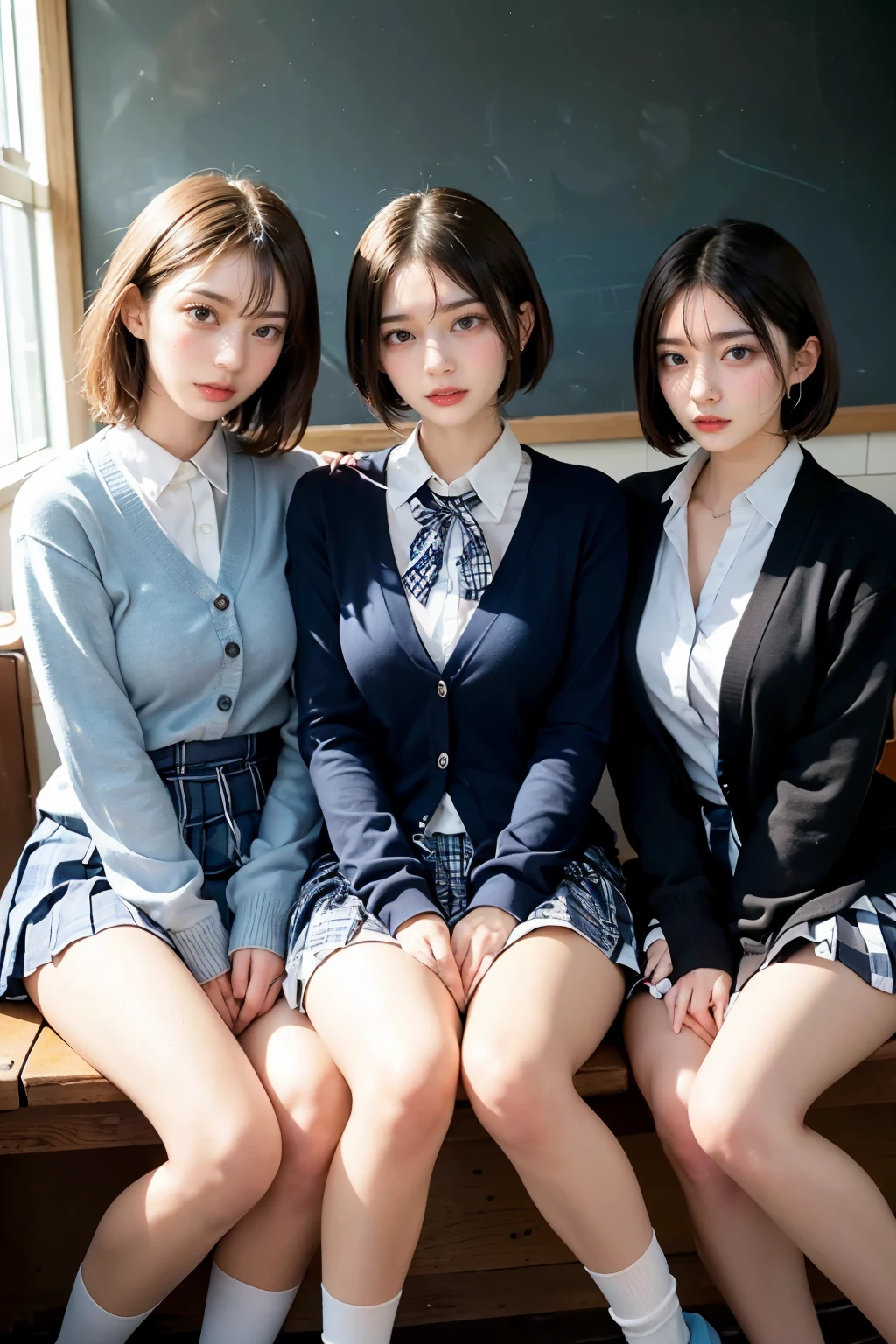 Masterpiece, 4K, bokeh, school uniform, Beautiful girls, group photo, harem, multiple girls, (Three girls in:1.6), (Bob hair:1.3), close up, classroom, sunset, Looking at the viewer, cowboy shot

BREAK (cute school uniform:1.3), ((outerwear is dark navy cotton cardigan, closed front, long sleeves, dark navy tops):1.3), (button-up:1.5), (innerwear is plain white collared shirt:1.3), (light blue gingham plaid ribbon on neck:1.4), ((light blue gingham plaid pleated skirt, mini skirt):1.3), ((white socks, loafers):1.2),



