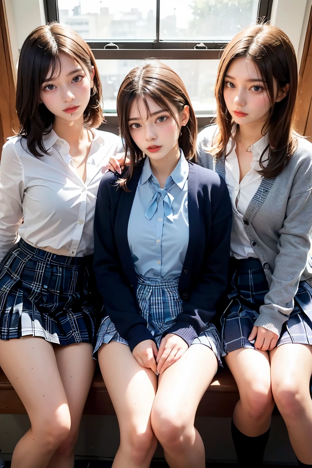 Masterpiece, 4K, bokeh, school uniform, Beautiful girls, group photo, harem, multiple girls, (Three girls in:1.6), (Bob hair:1.3), close up, classroom, sunset, Looking at the viewer, cowboy shot

BREAK (cute school uniform:1.3), ((outerwear is dark navy cotton cardigan, closed front, long sleeves, dark navy tops):1.3), (button-up:1.5), (innerwear is plain white collared shirt:1.3), (light blue gingham plaid ribbon on neck:1.4), ((light blue gingham plaid pleated skirt, mini skirt):1.3), ((white socks, loafers):1.2),



