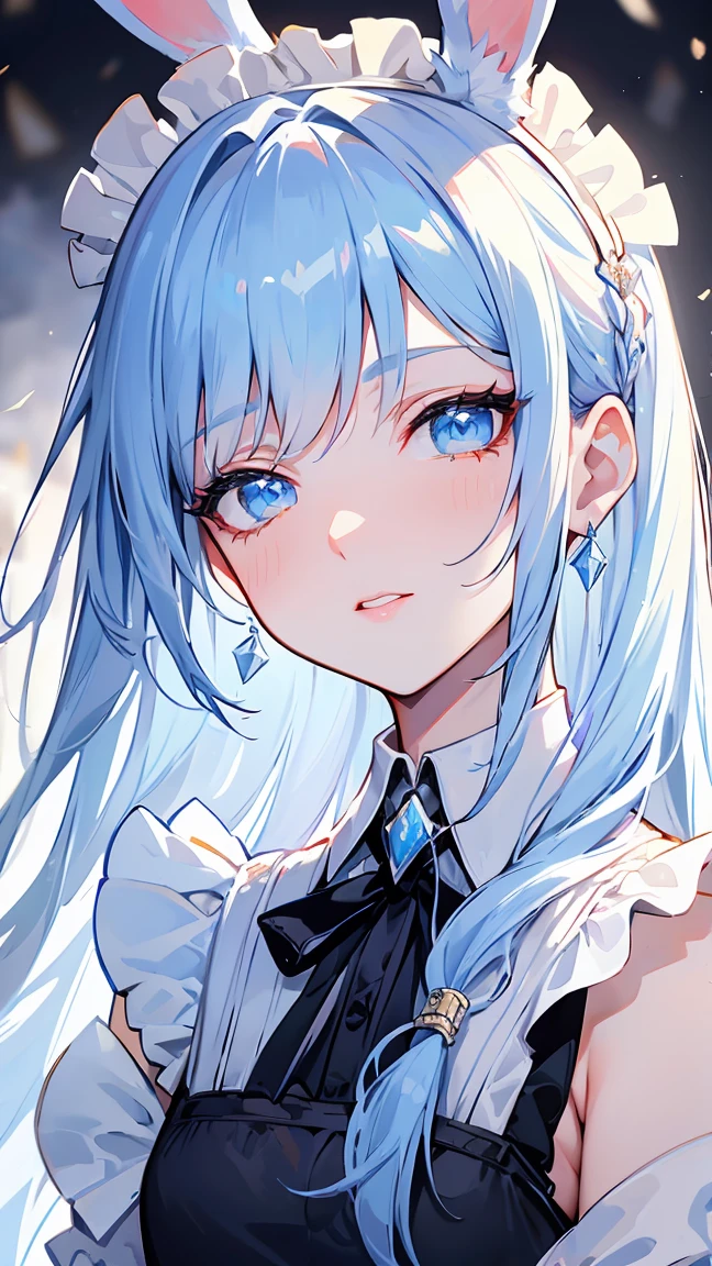 (masterpiece), anatomically correct, accurate, textured skin, high details, high quality, (best quality), (super detail), perfect detailed eyes, perfect detailed face, ultra-detailed nose, Maid, maid outfit, maid apron, white brim, light blue hair, long hair, messy hair, rabbit ears, naughty face, wink