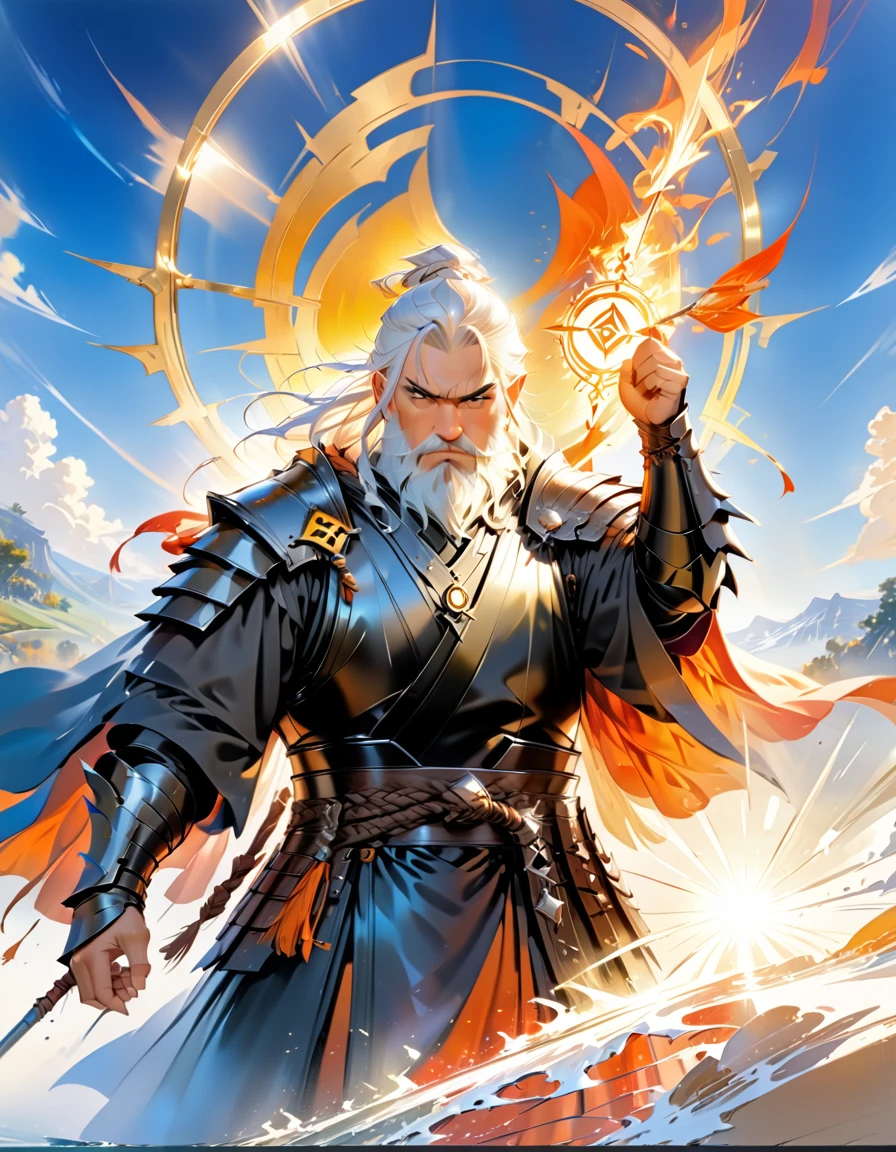 male, dwarf, (Masterpiece 1.5, intense details)cleric, paladin, (Masterpiece 1.5, intense details), casting a spell (Masterpiece 1.3, intense details),wearing heavy black armor with spikes (Masterpiece 1.2, intense details), orange cloak with sun symbol, flowing (Masterpiece 1.5, intense details) holy symbol, white hair, long braided beard, hair strand, frown, serious, high detail, Realism, Action painting, depth of field, god rays, wide shot, panorama, Ultra-Wide Angle, UHD, super detail, high quality, 16K, highres