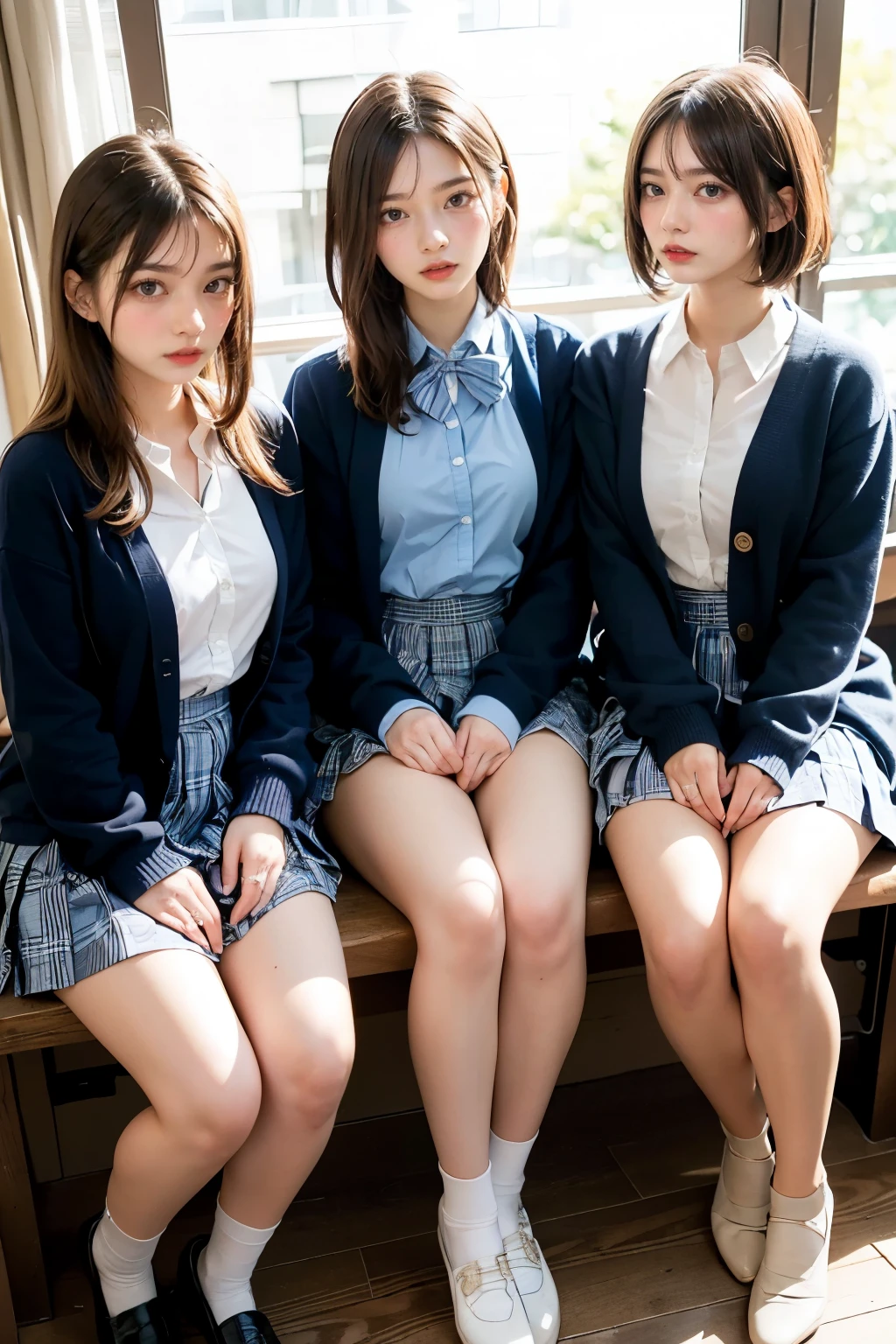 Masterpiece, 4K, bokeh, school uniform, Beautiful girls, group photo, harem, multiple girls, (Three girls in:1.6), (Bob hair:1.3), close up, classroom, sunset, Looking at the viewer, cowboy shot

BREAK (cute school uniform:1.3), ((outerwear is dark navy cotton cardigan, closed front, long sleeves, dark navy tops):1.3), (button-up:1.5), (innerwear is plain white collared shirt:1.3), (light blue gingham plaid ribbon on neck:1.4), ((light blue gingham plaid pleated skirt, mini skirt):1.3), ((white socks, loafers):1.2),



