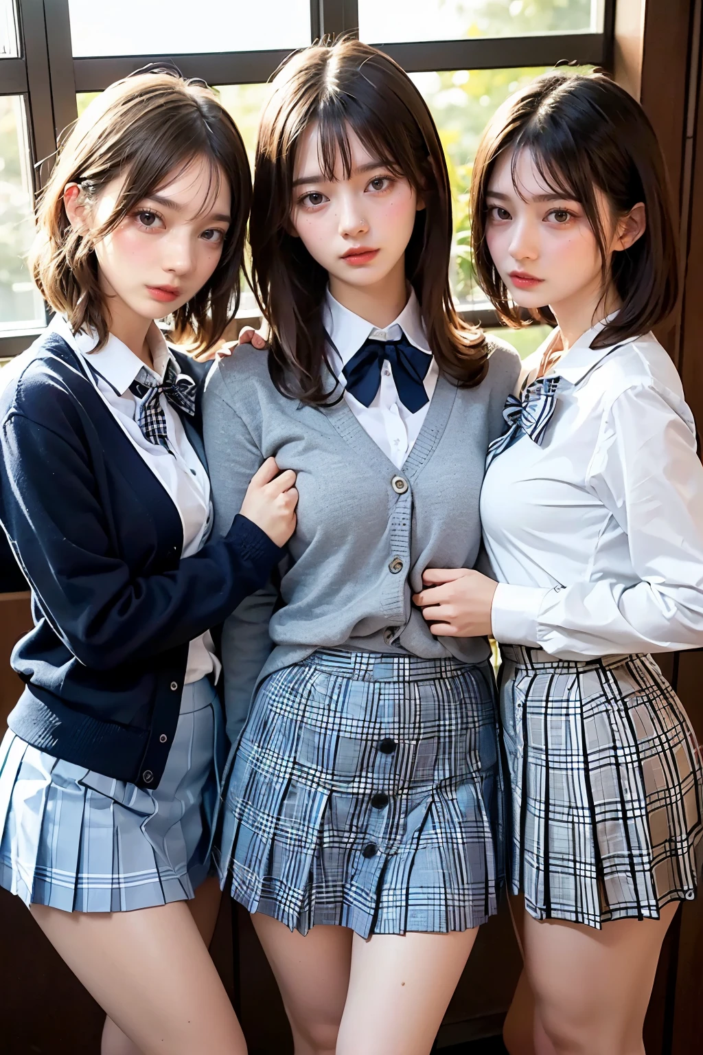 Masterpiece, 4K, bokeh, school uniform, Beautiful girls, group photo, harem, multiple girls, (Three girls in:1.6), (Bob hair:1.3), close up, classroom, sunset, Looking at the viewer, cowboy shot

BREAK (cute school uniform:1.3), ((outerwear is dark navy cotton cardigan, closed front, long sleeves, dark navy tops):1.3), (button-up:1.5), (innerwear is plain white collared shirt:1.3), (light blue gingham plaid ribbon on neck:1.4), ((light blue gingham plaid pleated skirt, mini skirt):1.3), ((white socks, loafers):1.2),



