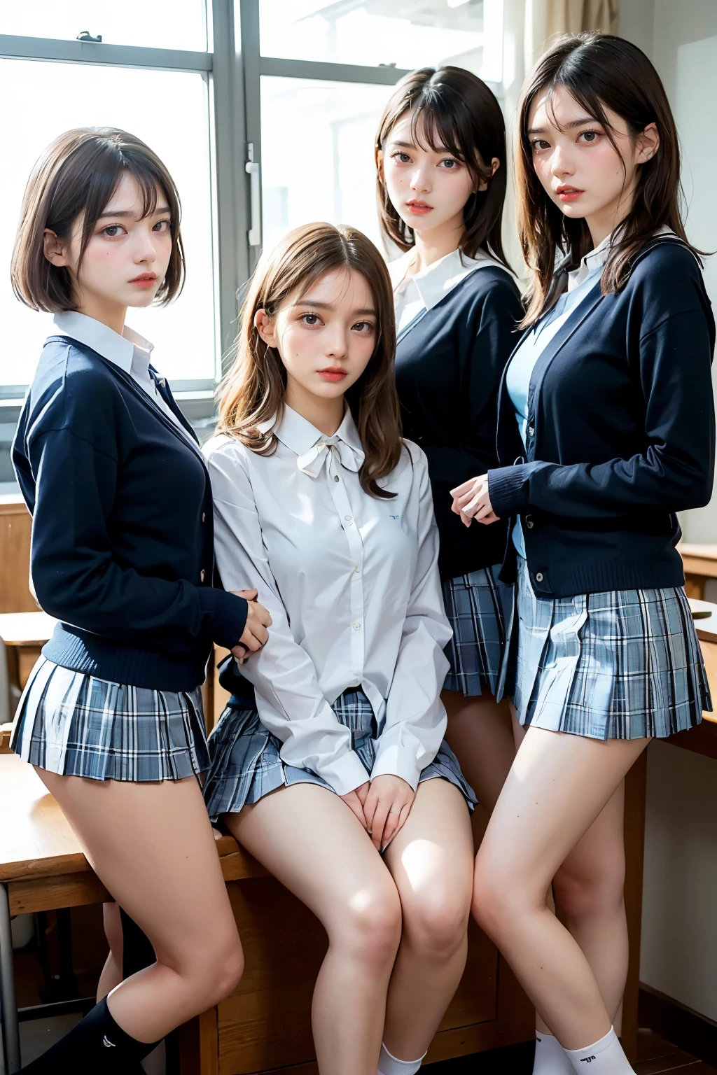 Masterpiece, 4K, bokeh, school uniform, Beautiful girls, group photo, harem, multiple girls, (Three girls in:1.6), (Bob hair:1.3), close up, classroom, sunset, Looking at the viewer, cowboy shot

BREAK (cute school uniform:1.3), ((outerwear is dark navy cotton cardigan, closed front, long sleeves, dark navy tops):1.3), (button-up:1.5), (innerwear is plain white collared shirt:1.3), (light blue gingham plaid ribbon on neck:1.4), ((light blue gingham plaid pleated skirt, mini skirt):1.3), ((white socks, loafers):1.2),



