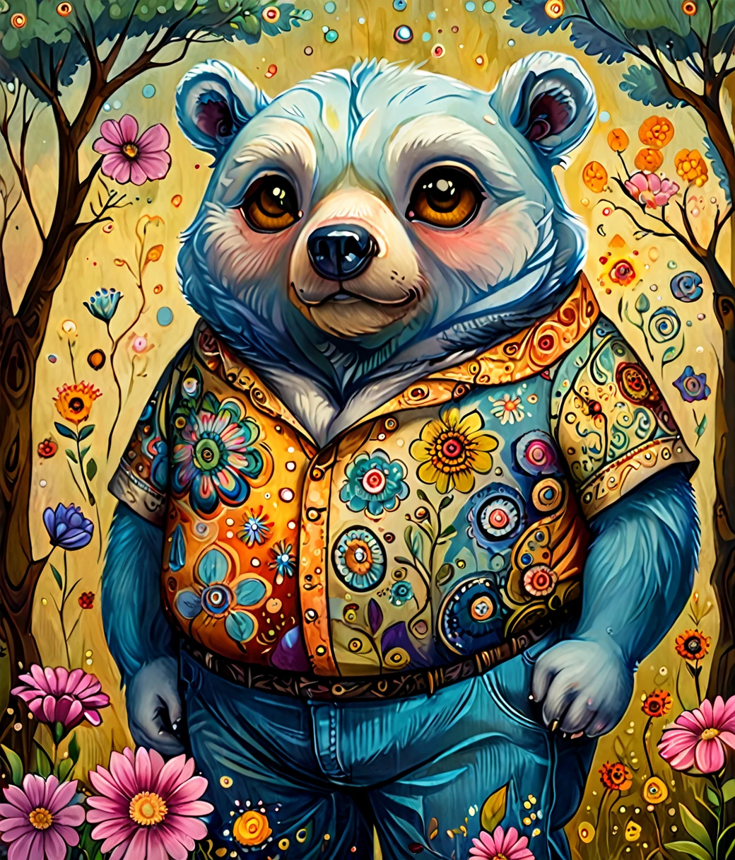 style of Jeremiah Ketner, (cute, fat, obese, anthro, male, bear), solo, full body, ((pants)), dynamic pose, hires textures, highly detailed, intricate details, best quality, masterpiece