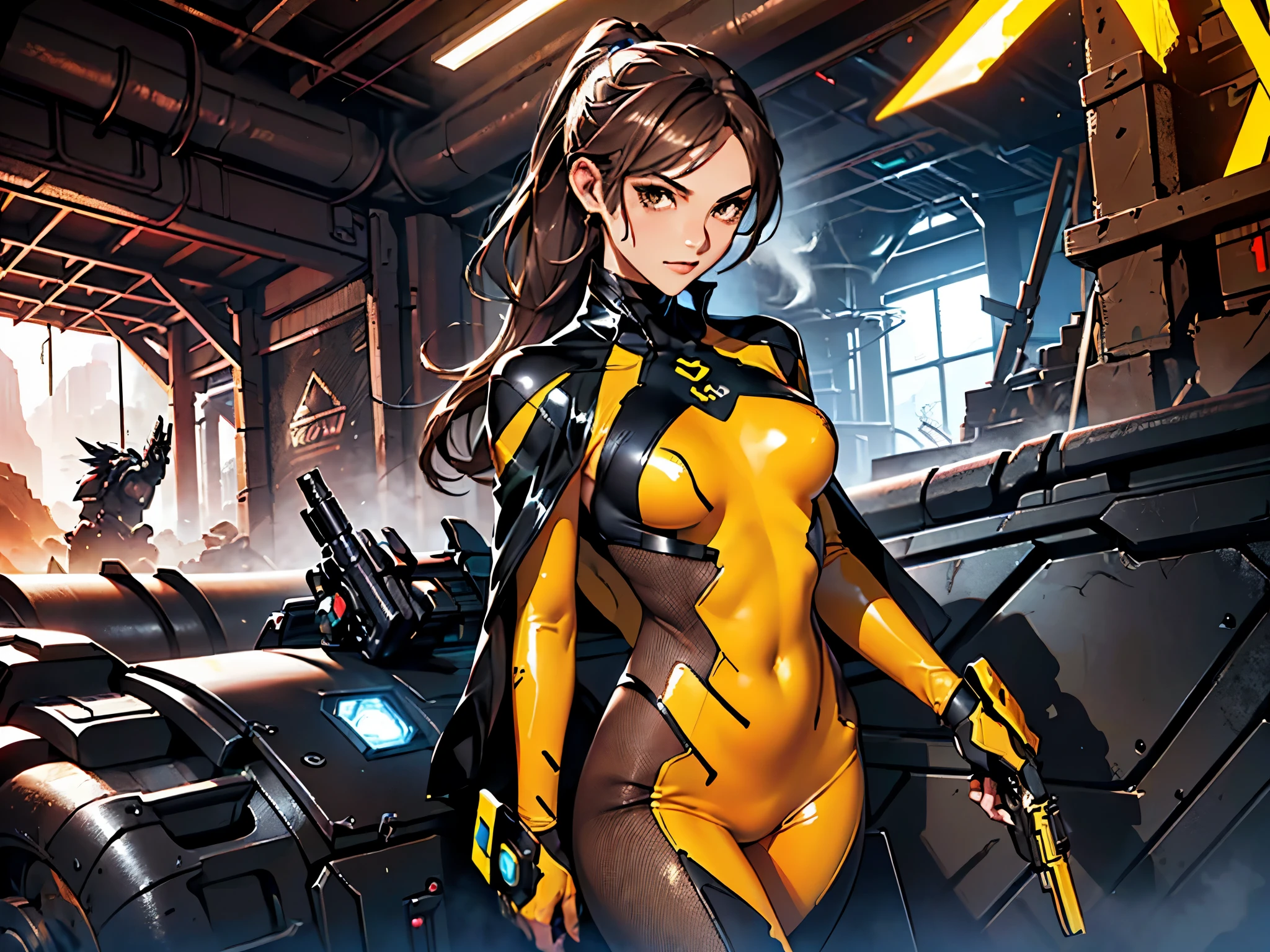 1girl, slender body, slim, extremely long ponytail, (((dark brown hair, brown eyes, tan skin))), brown skin, smirk, tight clothes, ((ochre latex bodysuit)), (black armor), ((frayed poncho)), (((hexagonal mesh))), ((extremely glossy)), ((futuristic handgun, sci-fi pistol)), ((steam vents, rocky canyon))
