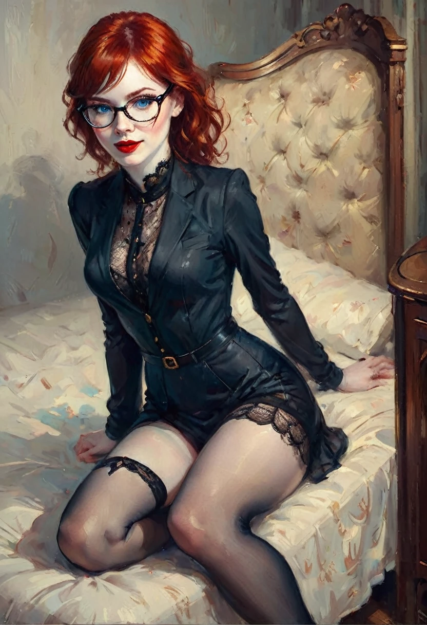 (full body:1.4), Tall, slender ((redhead)) woman of Irish descent. (pale:1.3)complexion. blue eyes, cute butt, nice legs. Kind eyes, naughty smile. Eyeglasses, red lipstick, choker. Sheer lace lingerie, (black stockings), stiletto heels. (Aroused).