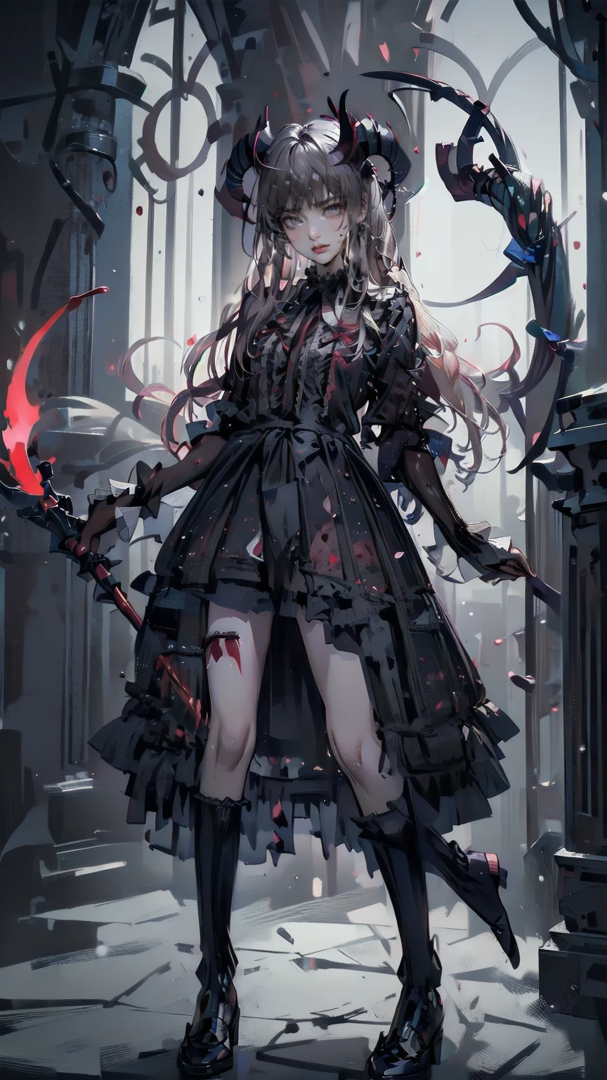 , Perfect Eyes, Soft Light, high quality, 4K resolution, Masterpiece: Finely textured skin, Attention to detail, 最high quality, Awards, Very detailed, high quality, devilの女王、Goat with horns, Gothic Dress, Living in the depths of hell, Lava flow, Blue long hair, Bright Blue Eyes, Red High Heels, Navy Blue Dress、Shadowed face　、Have a weapon、Staring at the audience with a frightened expression、beautiful girl、とてもcute天使、Pink Gothic Fashion、cute、baby face、smile、Long skirt、Black long boots、.(最high quality,4K,High resolution,masterpiece:1.2),Very detailed,Realistic:1.37,Spooky altar background,Dark fantasy,Red color scheme,Ominous atmosphere,Eye-catching,Storytelling,anatomy,Anime Style,Concept Art,beautifulAttention to detail顔と (((Red eyes ))),A terrifying ritual ,devilの儀式,Premature death,Inappropriate behavior,クレイジーなsmile,Scythe Face,Girl Monster, beautiful, Delicate facial features, Sharp Eye, Sharp Fangs, pale Skin, Dark Background, Cinema Lighting, Dramatic Shadows, Gothic style, Gloomy atmosphere, Dark fantasy, One person&#39;S, Please open your mouth wide, Open your mouth and baring your teeth,Sharp teeth like a beast, Wide lips, Very wide mouth, Red cheeks, ,(Blood splatter:1.4),Scary smile, smile,Angel Design, TwiSted smile、Bloody、Head bleeding,,,,,、Blood splatter、,(Blood splatter:1.4),skull,devil&#39;s gun,Horror Style, ((Fantasy Sweet Ta Frill Pink Costume)), ((Flowing blonde hair)), ,(Blood splatter:1.4),Female Curves, Sexy flat stomach, Perfect hands, Perfect anime character face, (Pink Tata Dress)), Standing, ((邪悪なsmile)), ,(Blood splatter:1.4), Steam circulation, Moonlight Illumination, night lighting, (Blood splatter:1.6),アニメAngel Design, TwiSted smile、Bloody、Head bleeding,,,,,、Blood splatter、,(Blood splatter:1.4), skull,Gothic architecture、Western architecture、ファンタジーのworld、,Victorian city, Skeleton Gas Light,Absurd, High resolution、 ((Tabletop)), ((最high quality)), (Very detailedな), ((Very detailed)), (beautiful), ((cute)), (NFSW:1.8), One personで,(:1.6)、(world&#39;最も恐ろしく不気味なdevilの少女:1.5)beautiful face、Full Body Ezbian、pale, beautiful肌、beautiful金の髪、smile gently、Dark building ruins、(snow white&#39;Frill dress:1.3)、(The dark ruins are stained with blood:1.3)、Low angle full body shot、(少女は血の池の中にStanding:1.5)、(The ground is full of blood:1.3)、(The girl lost a lot of blood.....:1.3)、(クレイジーなsmile:1.6)、Spirits、(Blood dripping from the mouth:1.3)、
