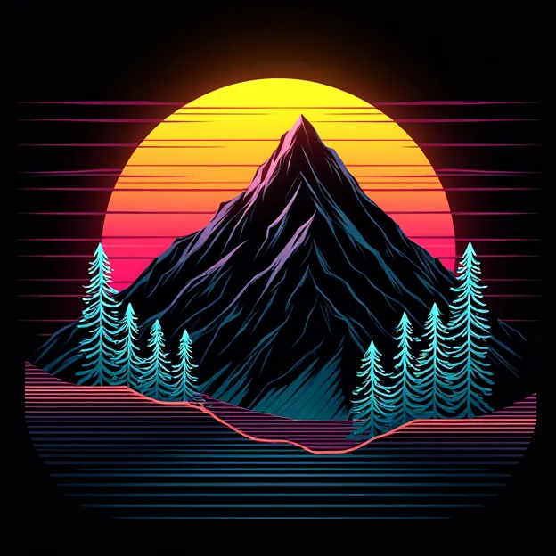 "An artistic design of a mountainous landscape drawn in a neon line art style. The scene includes a prominent mountain peak on the right with sloped lines that emphasize its steepness, along with several tall, triangular pine trees at the base. The sky features a large round sun set against horizontal stripes, which gives the impression of a sunset or sunrise. The colors used are vibrant neon shades of orange, yellow, pink, and turquoise against a black background, creating a retro aesthetic. The overall composition is minimalistic and modern."
 *PROYECTO DELIRIUM * 