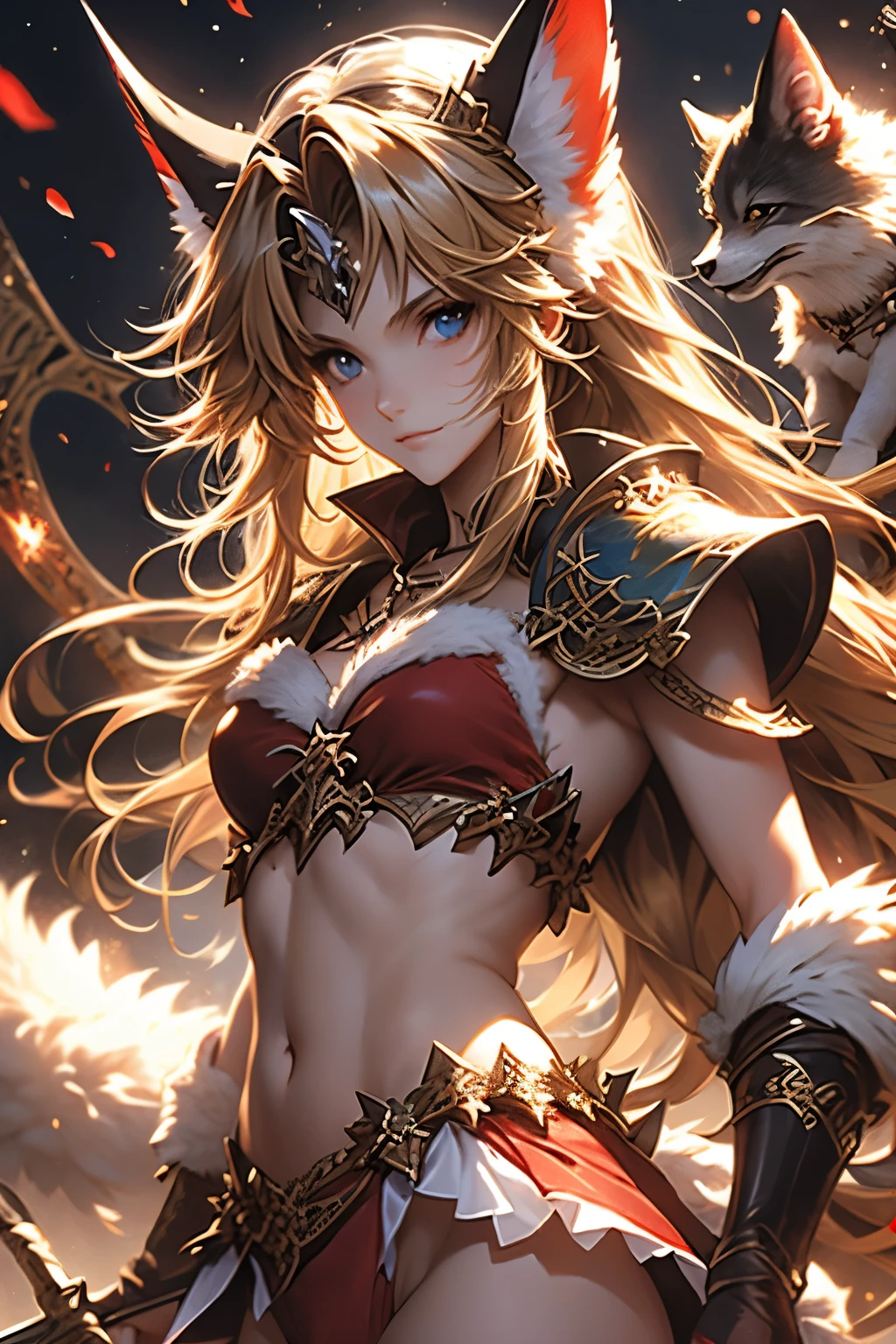 （（（ＳＦＷ、sound、Highest quality、first-clasasterpiece、Normal body、8k、Detailed face、Ultra-precision、Normal hand、Normal finger、５finger、Highest）））、Secret of Mana 3、lease、Class 3、Fenrir Knight、Blonde、Long Hair、Straight Hair、Hair ribbon、Red fur bikini、Red high leg bikini、gun、Long Spear、Combat Ready、gunを突く、gun投げ