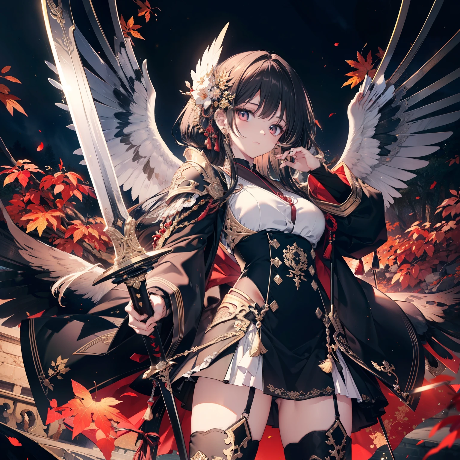 high quality, masterpiece, Delicate hair, Delicate eyes, Delicate hair, ((masterpiece, 最high quality)), high quality, masterpiece, Delicate hair, Delicate eyes, One girl, Autumn Fishing, Combat pose, Alluring expression, Ample breasts, Long black hair, Golden Eyes, White skin、Japanese sword, Sword Master, Black Wings, Black Armor Dress, Gold border, Red accents, Thigh-length boots, 指なし手袋 6つの大きなBlack Wingsが大きく広がっている, Gorgeous black sword with red energy falling feathers, Intricate black shield with gold patterns and a dark aura, Black flame traces city ruins background, Detail of the night sky with a red moon, Dramatic lighting, Dynamic pose, 4K, Realistic, （（（masterpiece）））， （（（最high qualityを最高に）））），((((masterpiece, 最high quality, Ultra-high resolution))))