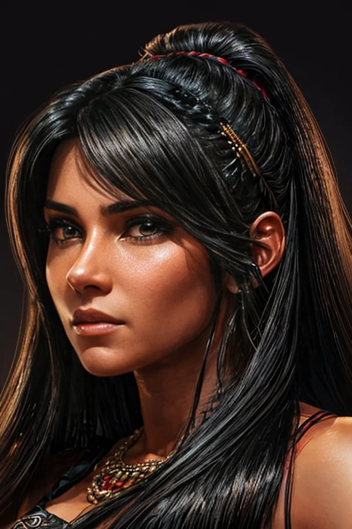 a close up of a cartoon of a woman with long hair, woman with black hair, very sexy woman with black hair, female with long black hair, girl with black hair, detailed face of a asian girl, vector style drawing, sultry expression, indian girl with brown skin, portrait of a barbarian female, seductive tifa lockhart portrait, extremely detailed woman