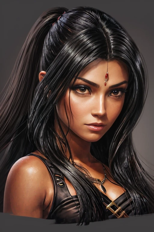 a close up of a cartoon of a woman with long hair, woman with black hair, very sexy woman with black hair, female with long black hair, girl with black hair, detailed face of a asian girl, vector style drawing, sultry expression, indian girl with brown skin, portrait of a barbarian female, seductive tifa lockhart portrait, extremely detailed woman