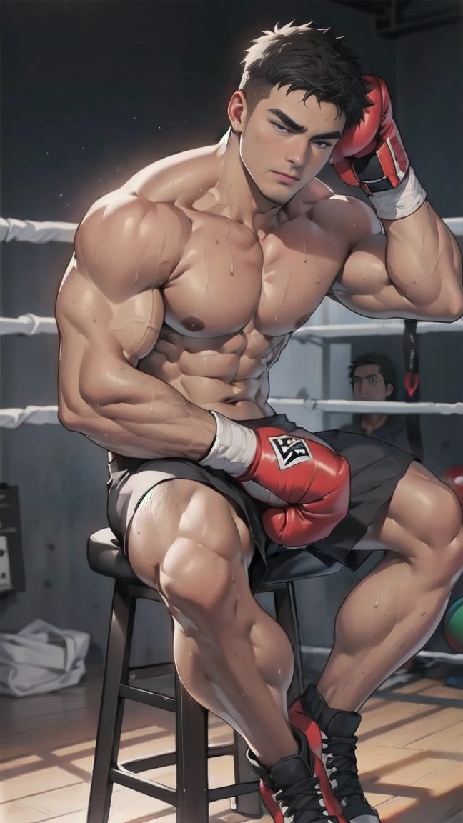 Korean man, Age 30 years, wet skin, muscular, distinct features ,Wearing Spandex tight boxer briefs, a boxing ground, Sitting in the corner stool above the ring, His body changed with sweat, full entire body, realistic photo,8k , high definition , perfect detail , photo,topless,(shirtless),(Bodybuilder),thick, sturdy waist and lower body,(topless),(a large spectator stadium), ((wearing a boxing glove for a match)),12-ounce red boxing gloves,Sit with your legs spread
