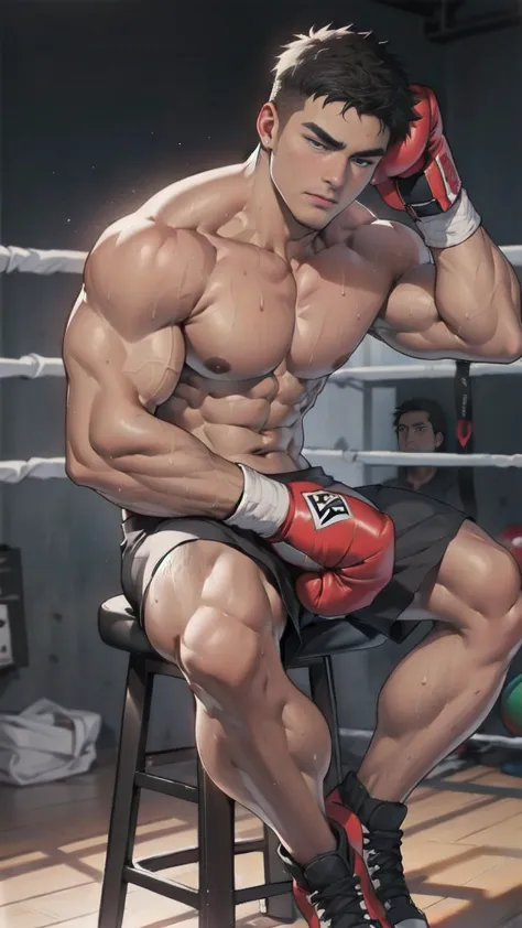 korean man, age 30 years, wet skin, muscular, distinct features ,wearing spandex tight boxer briefs, a boxing ground, sitting in...