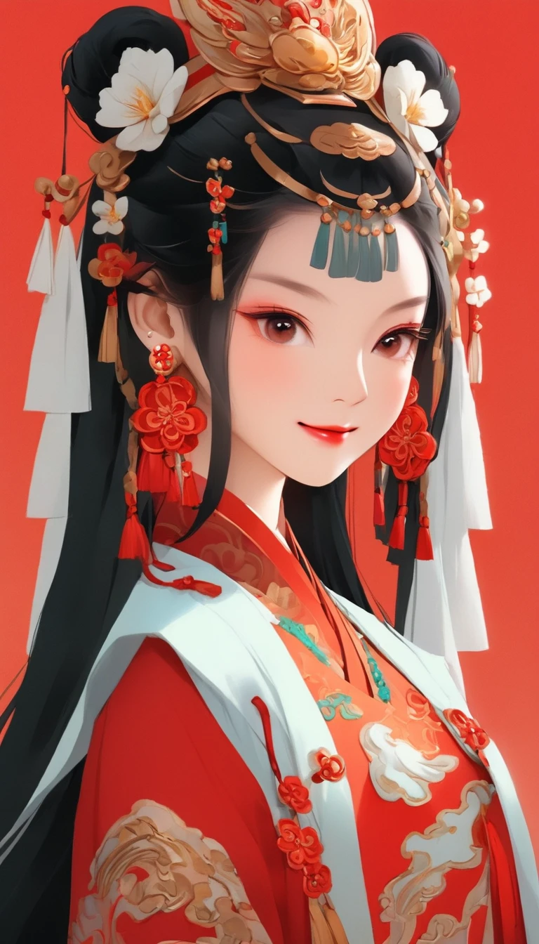 whole body，flat illustration style of a cute Chinese girl, double braided pigtails black hair, smiling, wearing earrings, close-up，Modern minimalist，red background