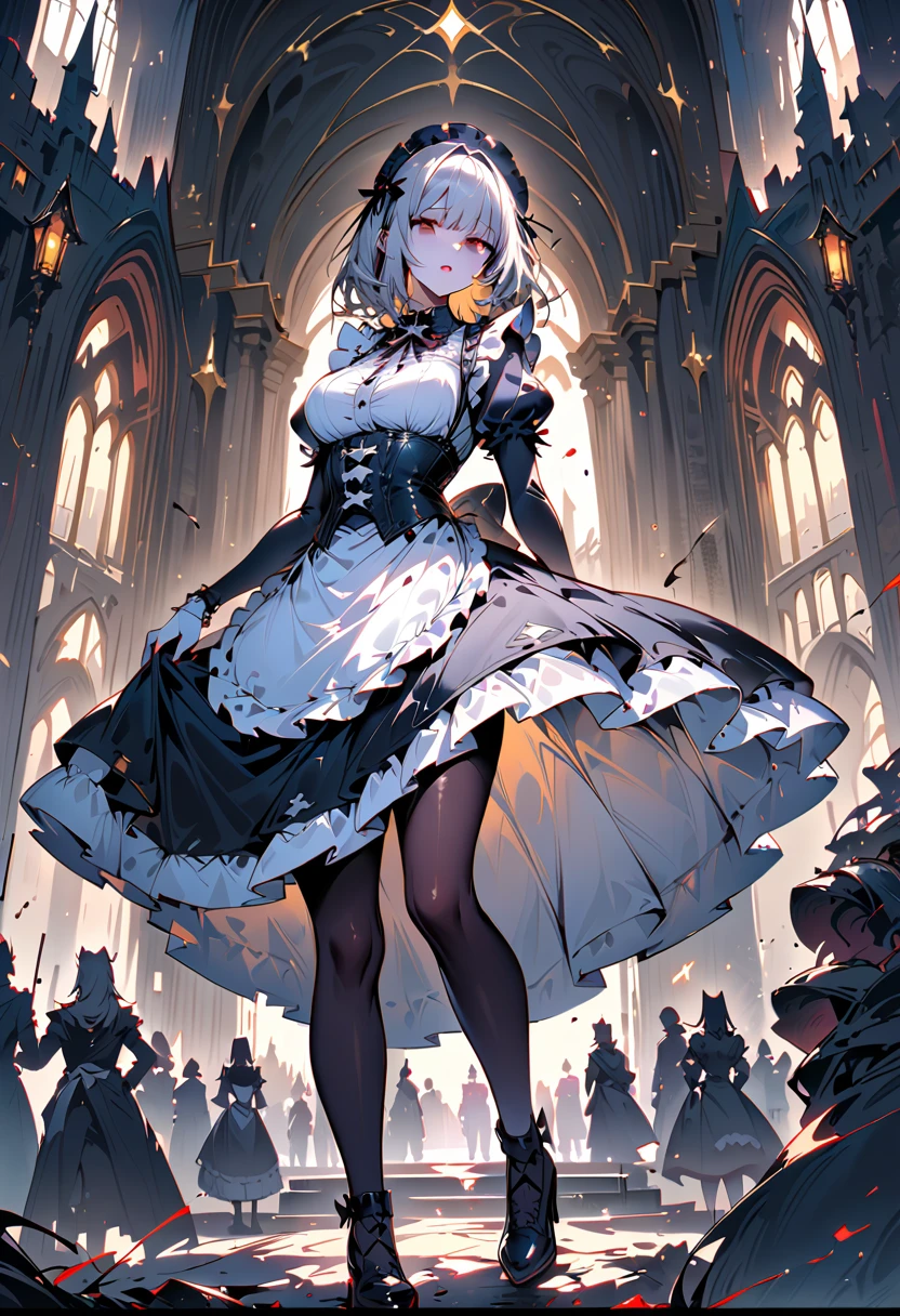 Young beautiful woman,(Best Quality,Extremely detailed depiction,Incredibly absurd high definition,Anatomically accurate,Curvy Legs,Shiny skin,Porcelain-like skin),(Black and white gothic maid outfit,Maid Skirt,corset,Black tights),eyelash,(Gray Hair,Black Eyes,Eyes half closed:1.5,Unfriendly look,Large Breasts,Glossy black lips:1.5,Heavy makeup),(whole body),background:Castle,Bright atmosphere,Other maid-clad women,Pose to welcome guests