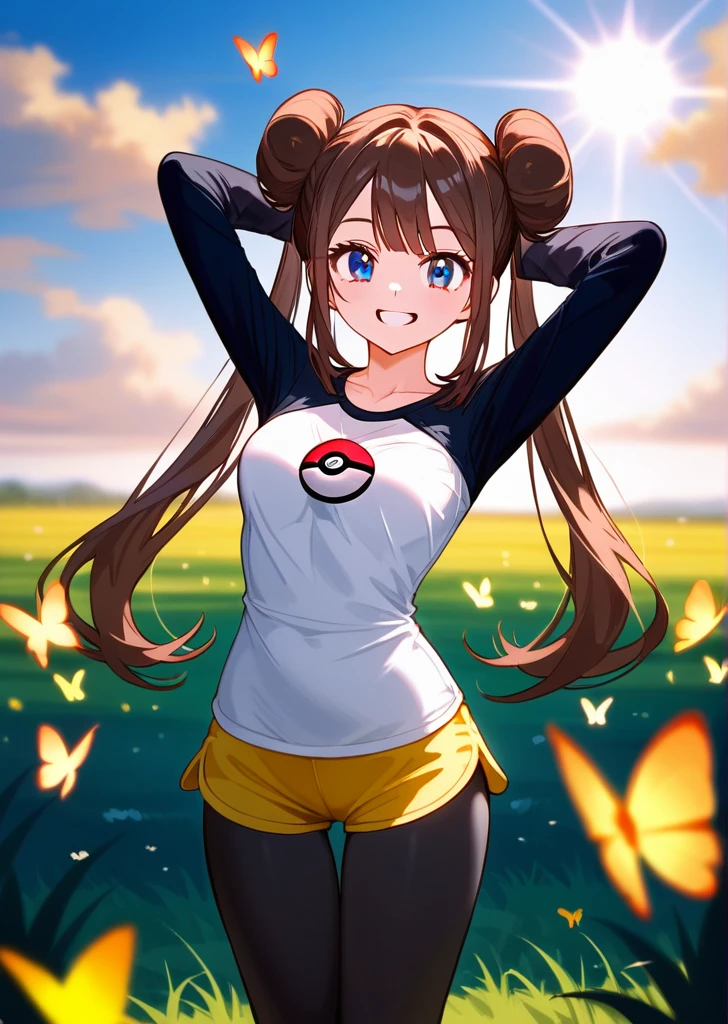 [rosa pokemon], ((masterpiece)), ((HD)), ((high res)), ((cute anime aesthetic)), ((detailed shading)), ((solo portrait)), ((waist up)), ((front view)), {(athletic figure), (brown hair), (twin hair buns), (pigtails), (cute blue eyes), (short eyelashes), (curvy hips), (beautiful toned legs), (cute grin), (excited expression)}, {(white long sleeve shirt with pink pokeball), (black sleeves), (yellow butterfly shorts), (black leggings)}, {(standing), (hands behind head), (looking at viewer)}, [ambient lighting, grass plains, sun rays]