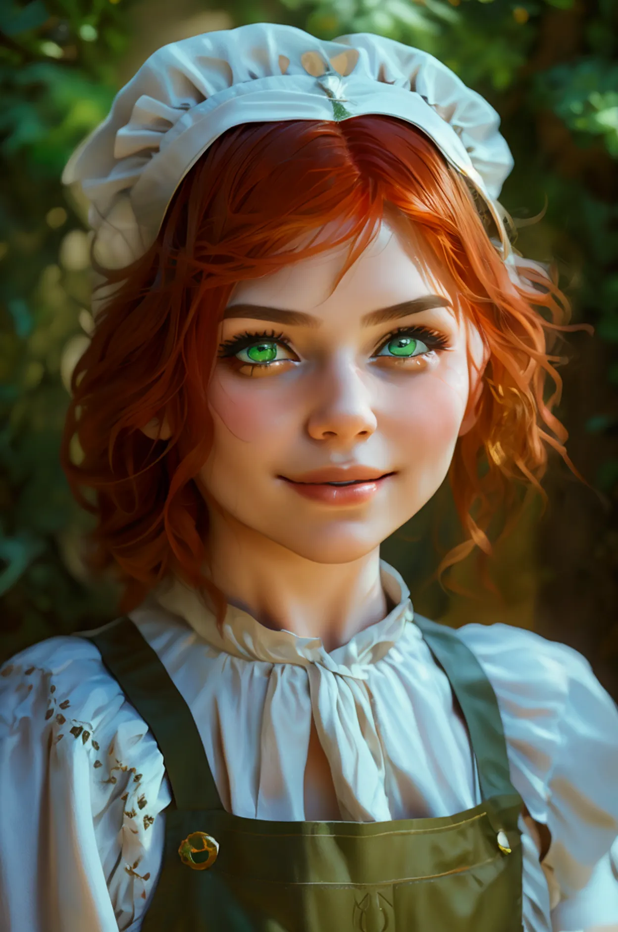 la mejor calidad, masterpiece, alone, 1 child,  smile,red hair, maid, maid apron, maid headdress, green eyes,