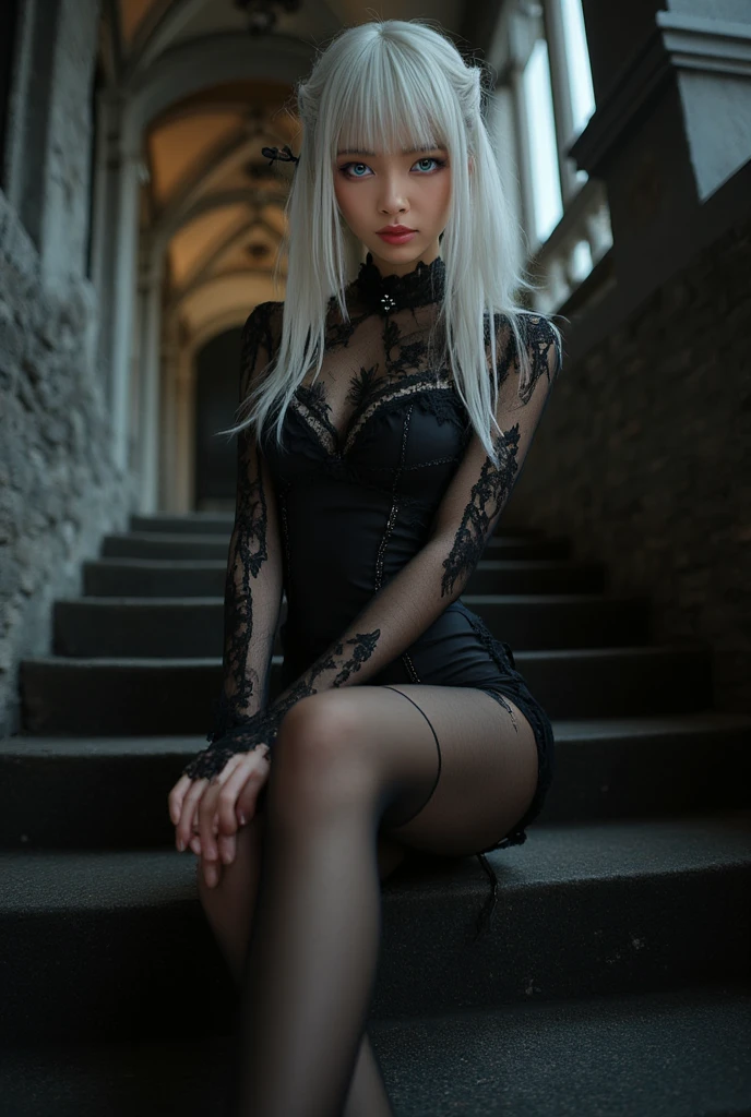 {{{Leg stockings,：Compiled by thin filament lines arranged horizontally}}}，{black stockings},indian style,,full body,from below,high heels,stairs,gothic architecture,,white hair,girl,blue eye,gothic lolita，,heterochromia golden red,beautiful detailed eyes,