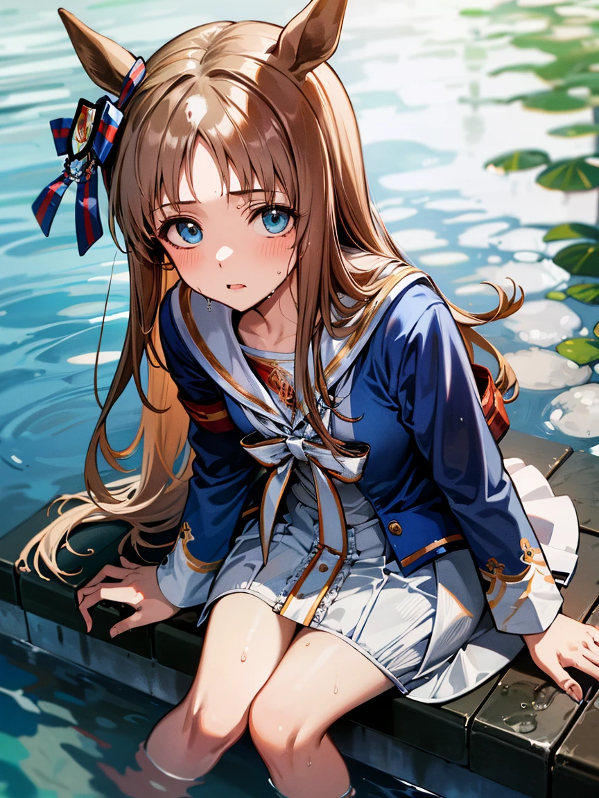 grass wonder \(Umamusume\), 1 girl, Solo, Best Quality, masutepiece, 8K, High resolution, Ultra-detailed, sitting, (((submarged in water))), Blue jacket, White sailor color, Long sleeves, White skirt, ((wet hair, wet clothes,))