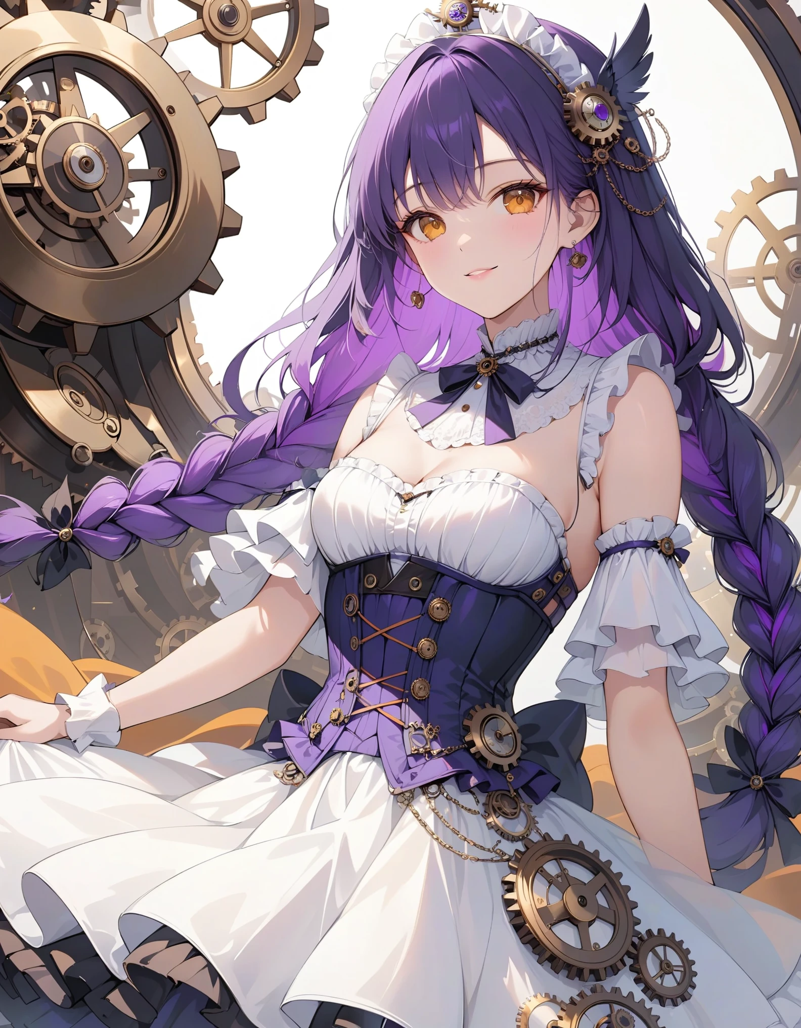 close-up, 1girl, solo, vibrant purple hair braided into intricate knots, amber eyes, smile, Victorian-inspired corset with intricate clockwork mechanisms, layered tulle skirt with gears and cogs, clockwork robot bird, antique shop, masterpiece, best quality, very aesthetic, absurdes.