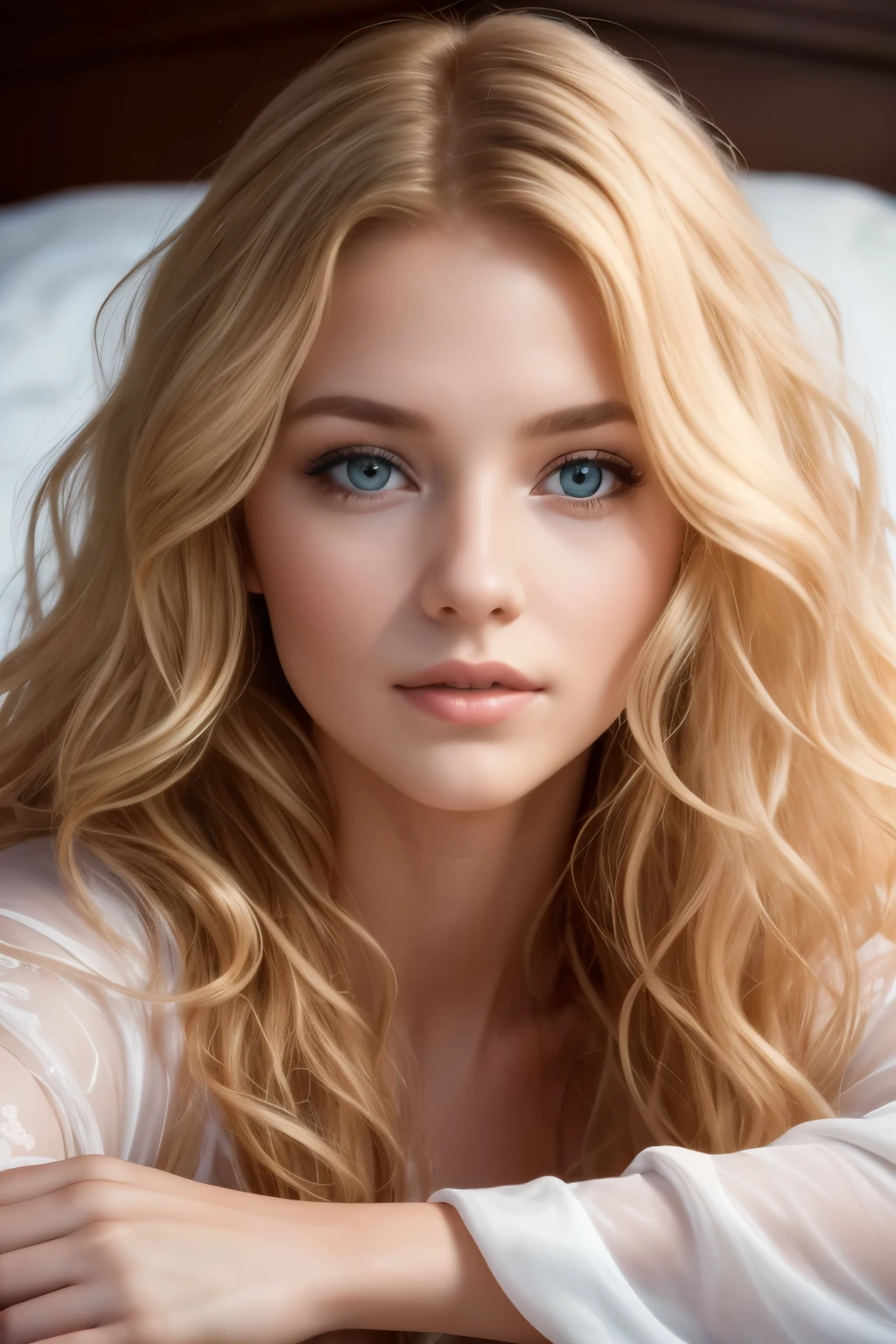 Photo of a 20-year-old European woman, .primitive, Beautiful woman, (extra long wavy blonde hair), ((sportrait)), ((Detal Face:1.2)), ((Detailed facial features)), (Fine fine skin), Pale skin, , Wrapped in sheets, room environment, Lie down in bed, (cool colours), soggy, soggy, Reflectorasutepiece) (perfectly proportions)(photograph of-realistic)(Best quality) (A detailed) Shot on a Canon EOS R5, Spring 50mm, f/2.8, NFFSW, (8K) (Wallpapers) (Cinematic lighting) (Dramatic lighting) (sharp focus) (complex) Moda, from the above