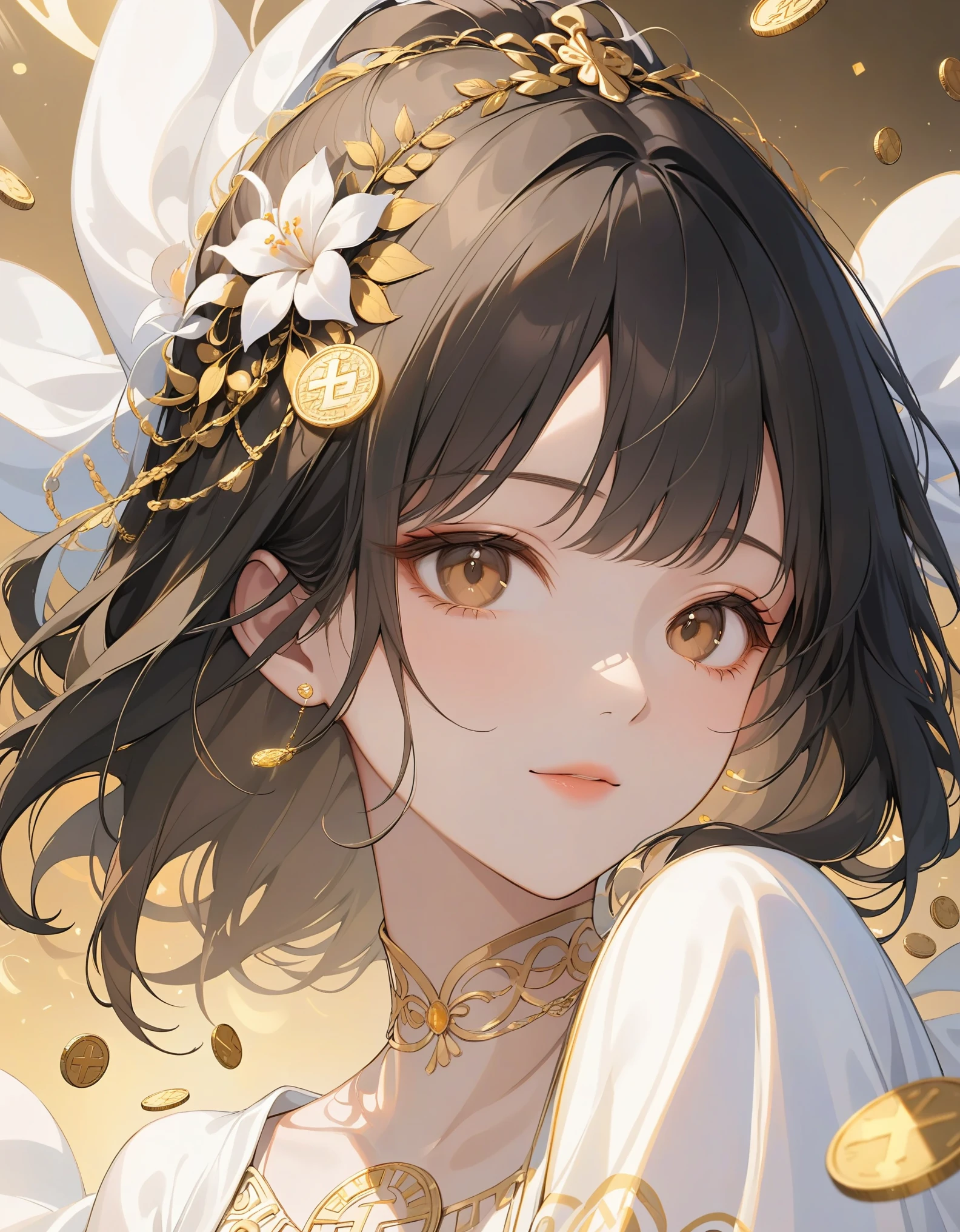 close-up, 1girl, solo, black hair with strands of shimmering gold thread, deep brown eyes, serene face, soft smile, white robe reminiscent of a Greek goddess, intricate golden embroidery, floating golden coins and glowing mathematical equations, warm golden light, masterpiece, best quality, very aesthetic, absurdes.