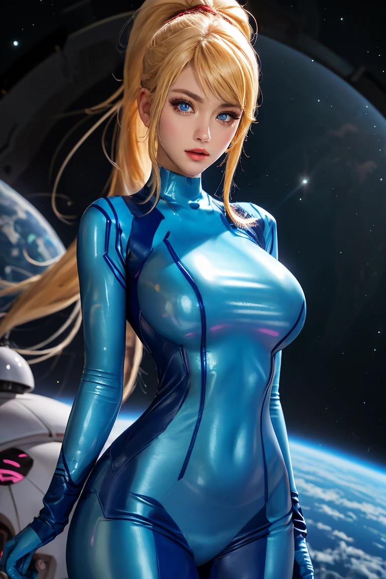 unparalleled masterpiece, perfect artwork, ((perfect female figure)), 1 girl, 20 year old, narrow waist, looking at viewer,  Attractive woman, (cute and beautiful face:1.2), pale skin, delicate pattern, intricate detail, BREAK samus, mole, (zero suit:1.2), ponytail, blue eyes, Inside the spaceship, space background, (big breasts:1.3), (shiny skin:0.6), (cowboy shot:1.3), (breast focus:1.3), shiny clothes, Highly detailed facial and skin texture, face perfect, perfect bodies, detailed eyes, (smile:0.7), 
