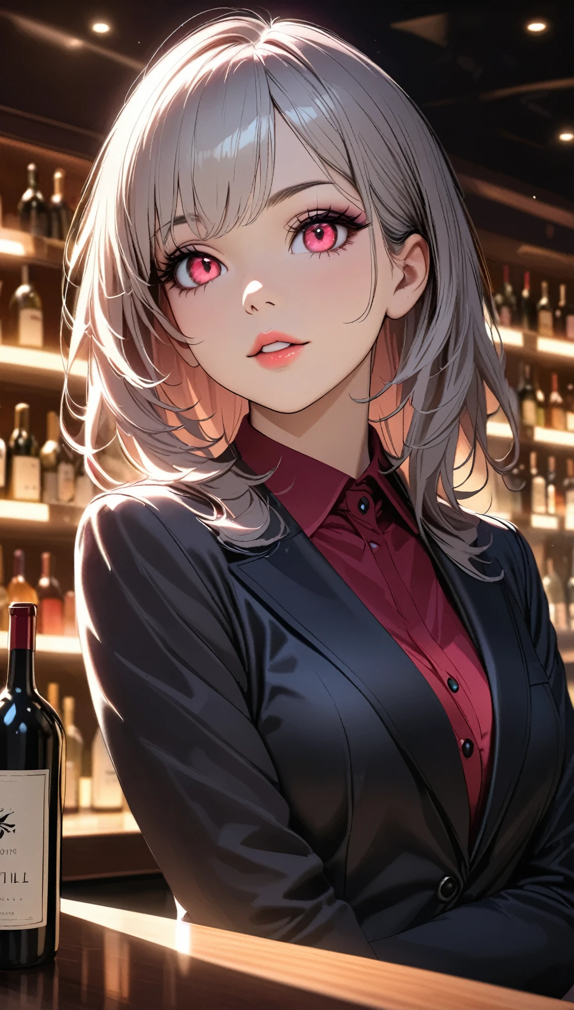 Sophisticated, A young woman with gray hair wearing a suit、Female bartender、(Beautiful fine details、Beautiful detailed lips、Highly detailed eyes and face、Long eyelashes)、Eyeliner、Moist lips、Portraiture、Realistic、8k、Hyper Detail、Cowboy Shot、Dramatic lighting、((Bar counter、Wine bottles lined up、Beautiful cocktails))、Warm color palette、Cinematic、Gloomy atmosphere、elegant、professional