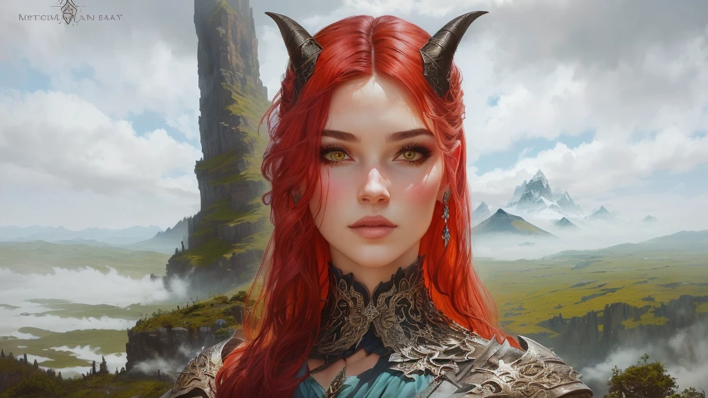 There is a woman with horns and in a dress standing in front of the mountain, portrait concept art fantasy, fantasy portrait, Portrait of a fantasy character, epic fantasy style hd, gothic background, fantasy portrait, epic fantasy portrait, Epic fantasy digital art style, detailed matte fantasy portrait, fantasy portrait, realistic fantasy illustration, fantasy style, super detailed fantasy character, Portrait of a fantasy character