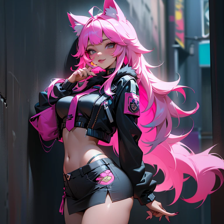 (La mejor calidad,A high resolution,Ultra - detailed,actual),Ahri big，adolescent, cat ears，black fur，delegate，very short stature，very thin limbs，school classroom，(Printed panties for children, pink color)，(Change of clothes)，smile，fun, Wide angle, Detailed plan, bright colors，oil，Accurate and detailed wet pussy、(background alley walls big stones night:1.4) ,( cyberpunk 2.1), (fingers detailed :1.4), (kawaii costume:1.4), (no mutations of anatomy), black miniskirt with pink details, Black jackets with details such as torn fabric and silver buttons, 
Ojos vidriosos de pink color intenso, turquoise lips, black and stamped nails, black bracelets, medium breasts, soft thighs, big and firm butt.

Masterpiece, necessary, Anatomically correct, Awarded many times, High resolution, High details, HD model, Textured skin, Ahoge, side-swept bangs, Fox ears, Fox ears.