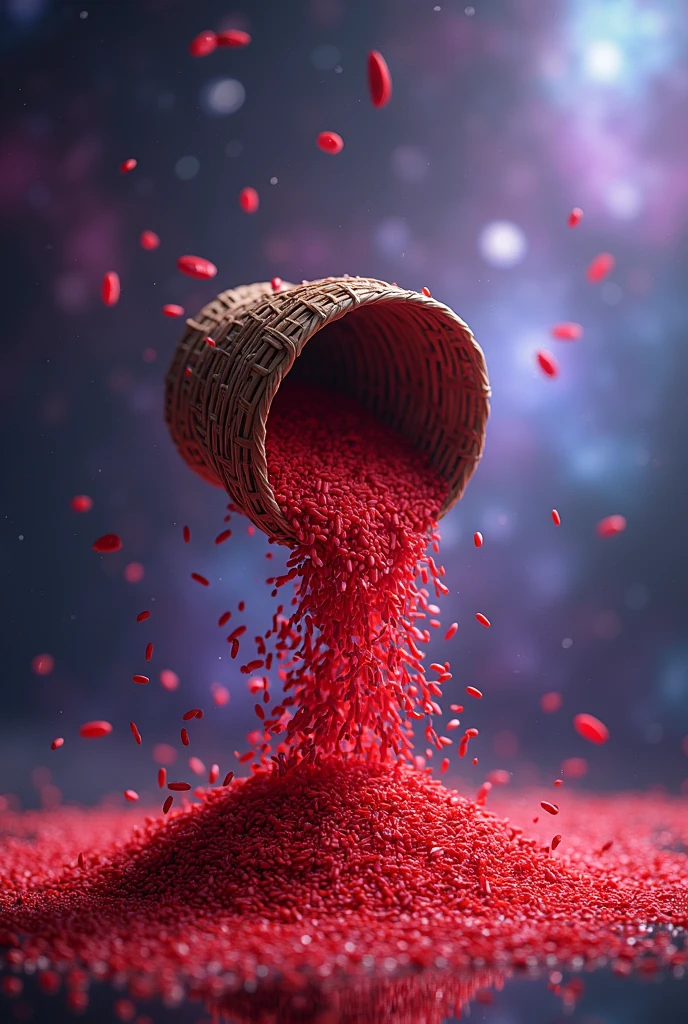 Image of a basket of red rice falling from a table with a purple and blue galaxy background