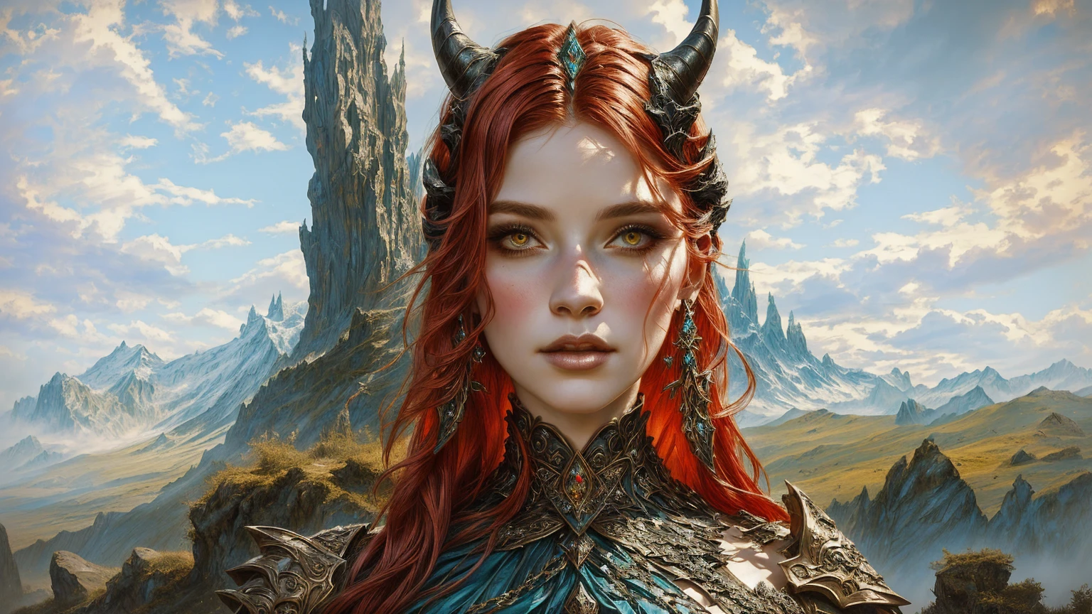 There is a woman with horns and in a dress standing in front of the mountain, portrait concept art fantasy, fantasy portrait, Portrait of a fantasy character, epic fantasy style hd, gothic background, hell background, fantasy portrait, epic fantasy portrait, Epic fantasy digital art style, detailed matte fantasy portrait, fantasy portrait, realistic fantasy illustration, fantasy style, super detailed fantasy character, Portrait of a fantasy character