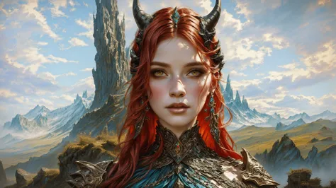 there is a woman with horns and in a dress standing in front of the mountain, portrait concept art fantasy, fantasy portrait, po...