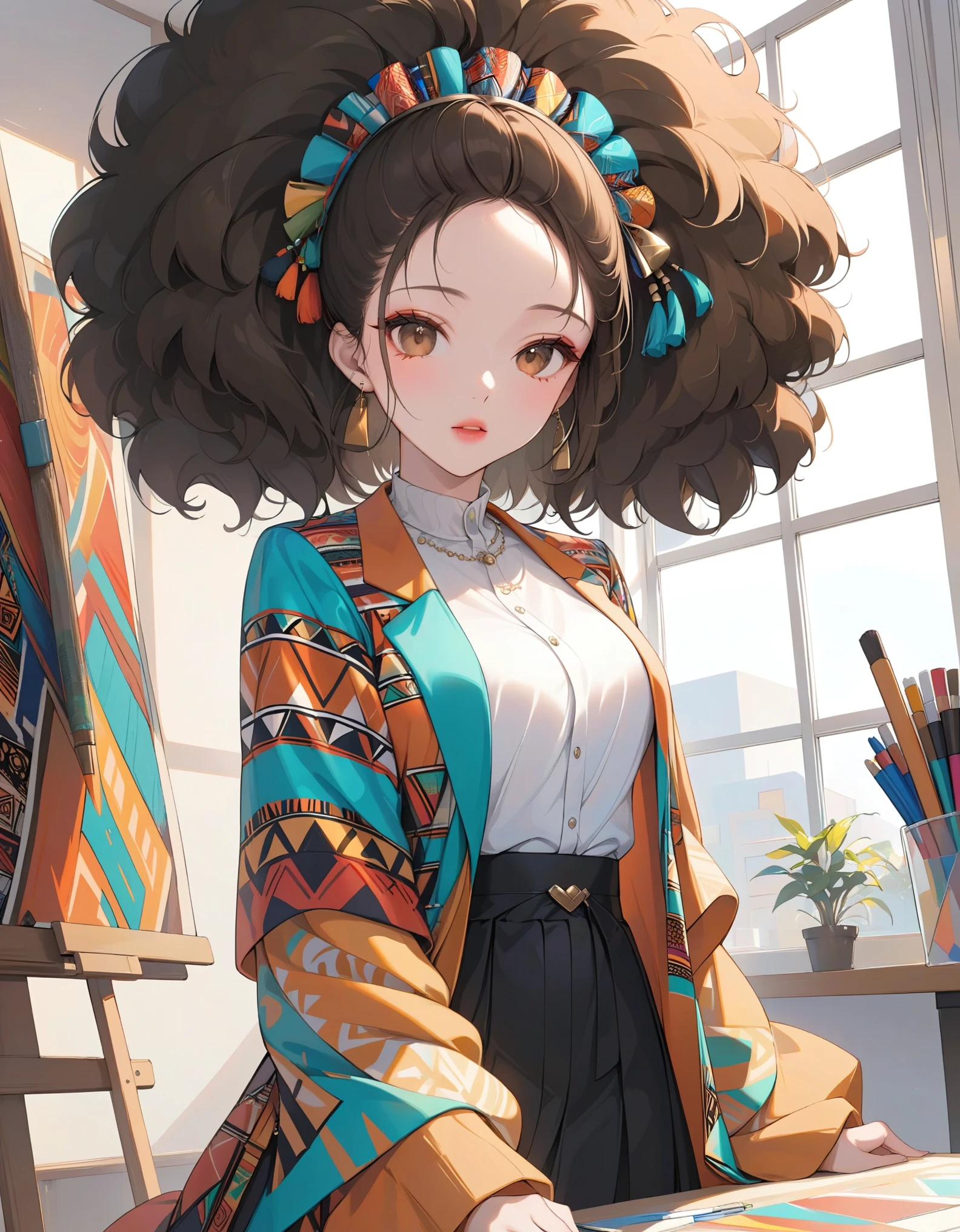 close-up, 1girl, solo, voluminous afro hair, brown eyes, full lips, colorful dashiki-inspired blazer with intricate geometric patterns, maxi skirt with vibrant African prints, studio filled with canvases and art supplies, warm sunlight streaming through a large window, masterpiece, best quality, very aesthetic, absurdes.
