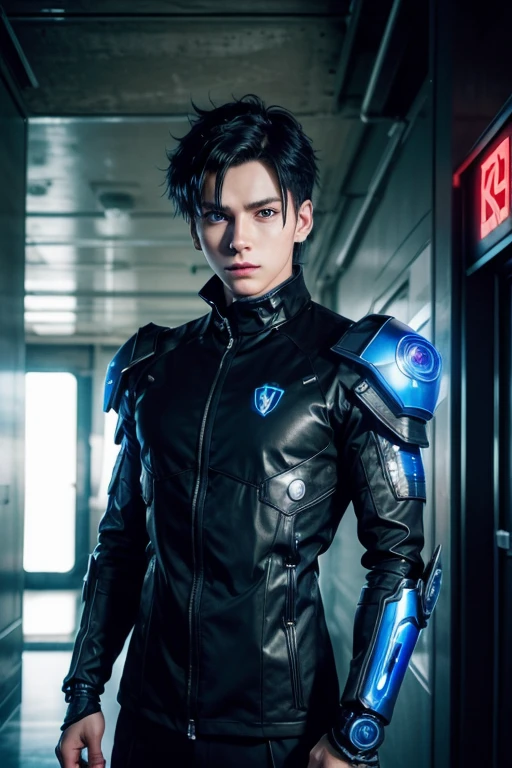 whole body, whole bodyの一般的な写真, Anime boy with blue eyes and black hair in futuristic outfit, Cyberpunk Anime Boy, Boy in Mecha Cyber Armor.