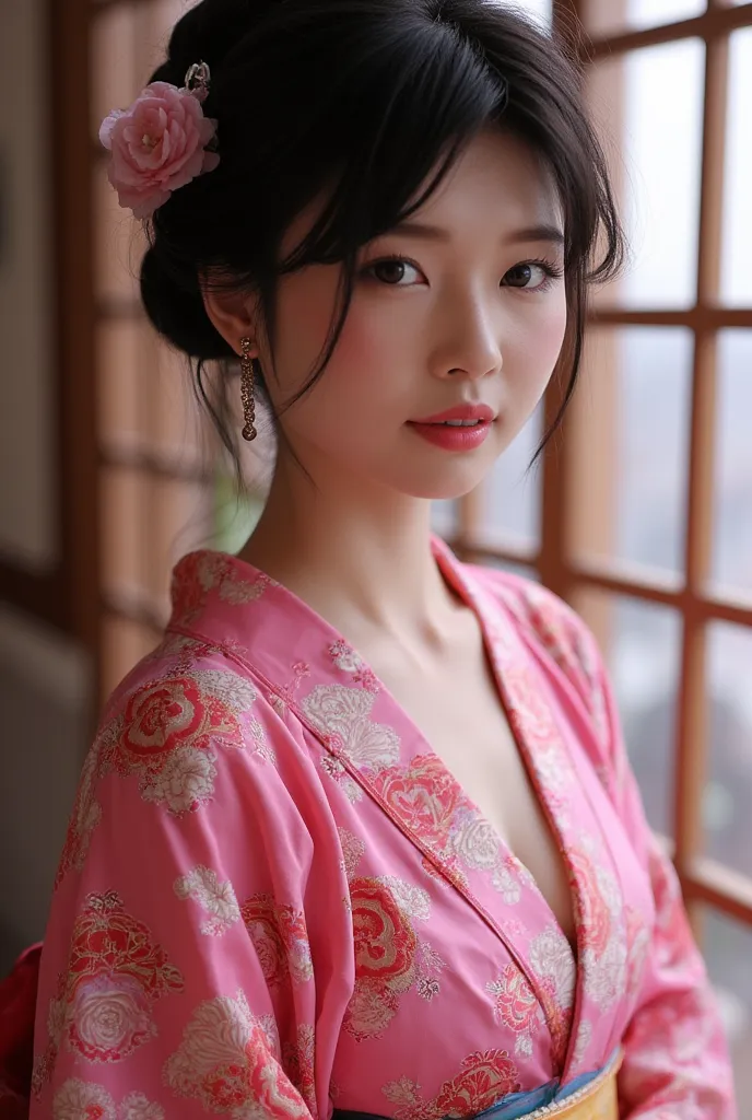 japanese girl(wearing pink kimono),huge breasts，uhd, masterpiece, high details, high quality, best quality, highres