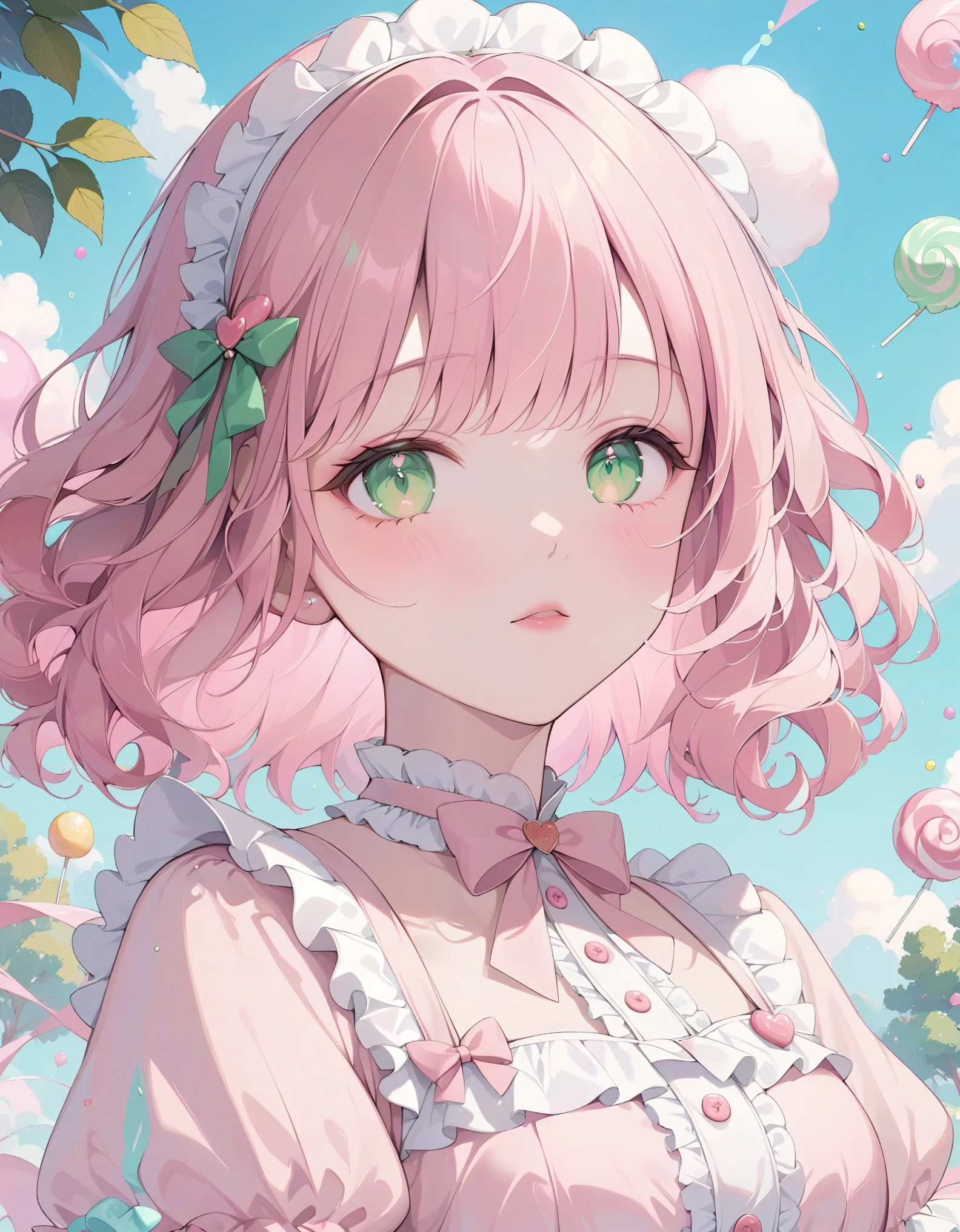 close-up, 1girl, solo, curly pink hair adorned with candy sprinkles, playful green eyes, rosy cheeks, pastel pink dress with ruffled layers and candy-shaped buttons, candy-themed wonderland, gumdrop trees, cotton candy sky, masterpiece, best quality, very aesthetic, absurdes.