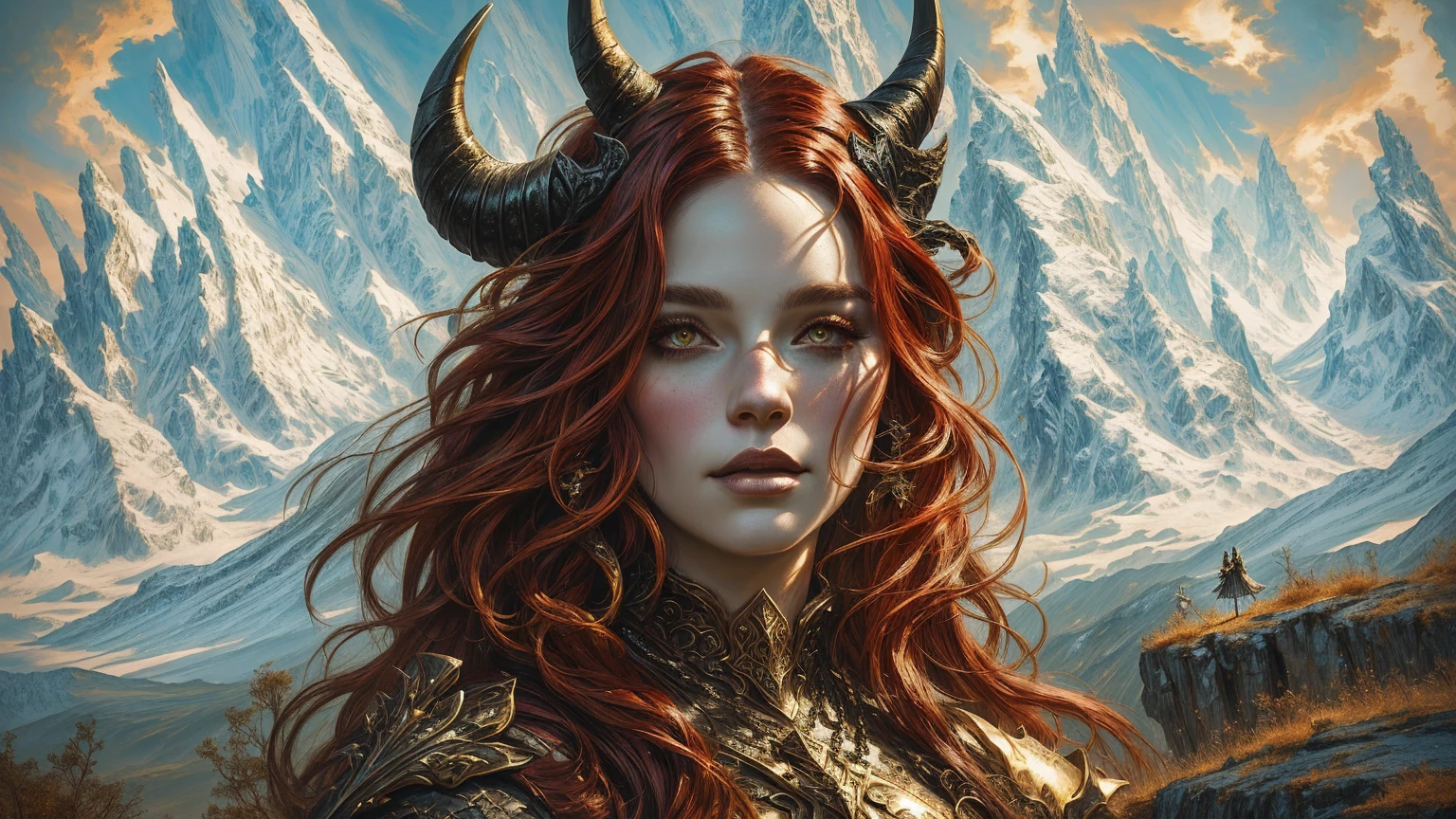 There is a woman with horns and in a dress standing in front of the mountain, portrait concept art fantasy, fantasy portrait, Portrait of a fantasy character, epic fantasy style hd, gothic background, hell background, fantasy portrait, epic fantasy portrait, Epic fantasy digital art style, detailed matte fantasy portrait, fantasy portrait, realistic fantasy illustration, fantasy style, super detailed fantasy character, Portrait of a fantasy character