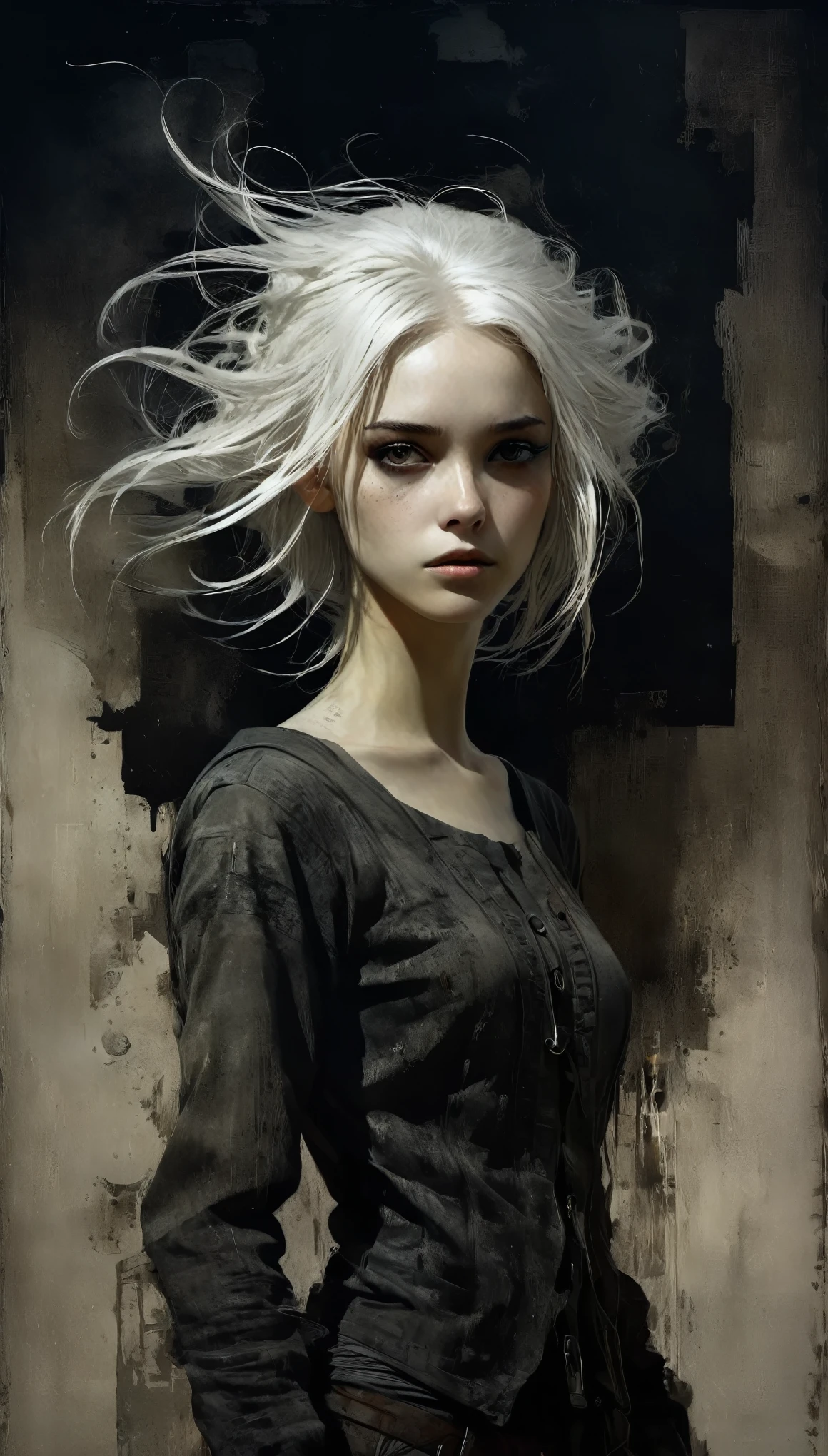 full body, Plano general:1.5, A fascinating surreal illustration of a white-haired  girl:1.5. Intricate and detailed portrait of a white-haired girl., fantasy character design, cyberpunk, Dark and gloomy lighting:1.5, spectacular chiaroscuro lighting, Composition of the film, Ashley Wood Style, sandy grunge texture, sharp focus, hyper detailed, 16K, (La mejor calidad:1.4), (photorealistic:1.47)