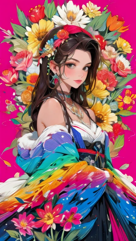 (masterpiece, High resolution, Best Quality, Official Art, Beauty:1.3), Absurd, Unrealistic, solo, Beautiful woman, (Fractal Art:1.2), (colorful:1.2), (Floral:1.2), (Sexy pose), (Abstract background:1.2), (Glowing Skin), (Various colors:0.8), Earrings,  Detailed illustration art, 