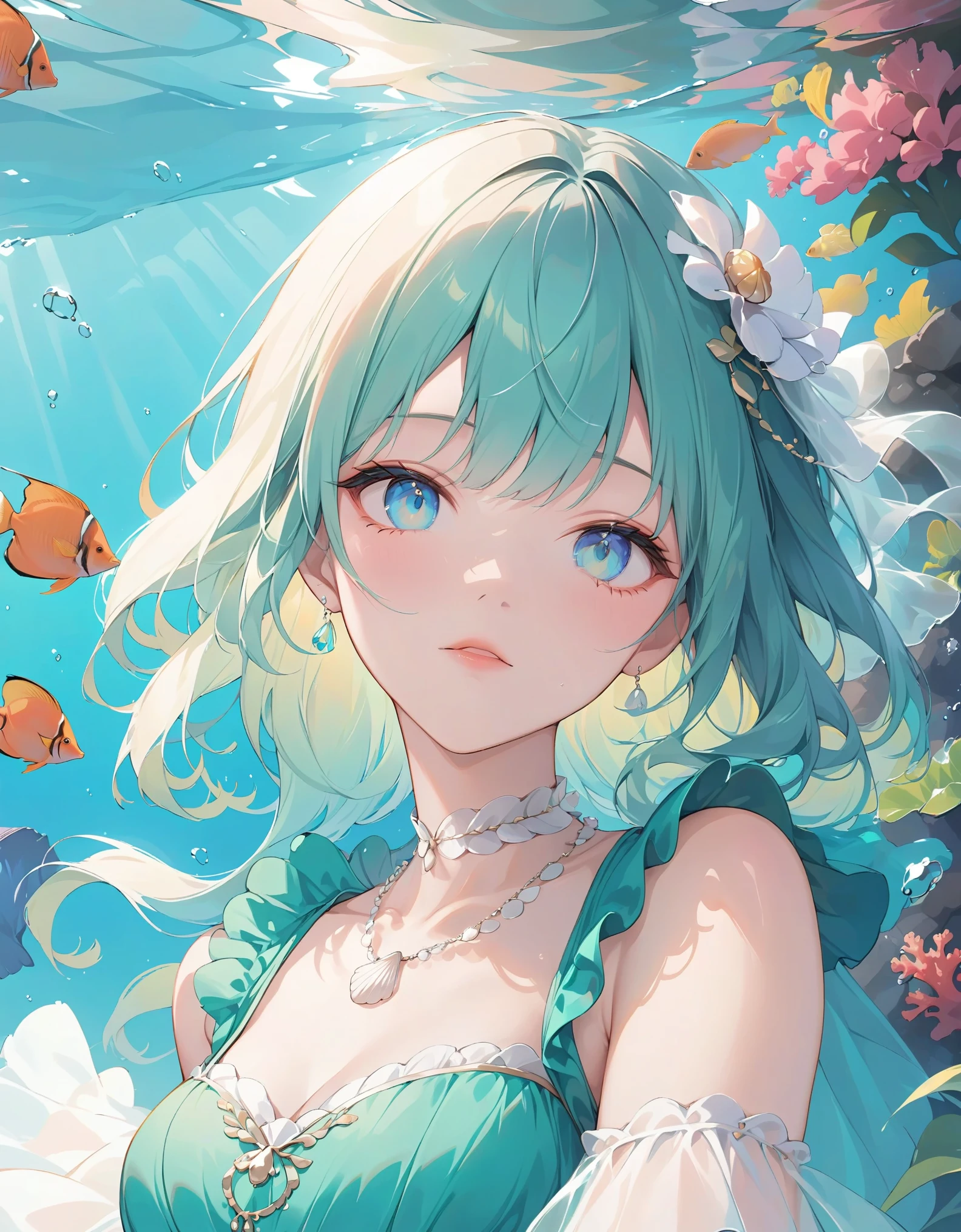 close-up, 1girl, solo, vibrant coral reef hair, ocean blue eyes, flowing seaweed-green dress, shell necklace, translucent gloves mimicking fish scales, soft glow of underwater sunlight, masterpiece, best quality, very aesthetic, absurdes.