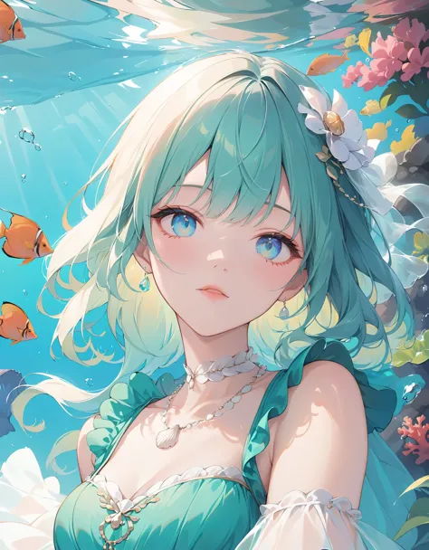 close-up, 1girl, solo, vibrant coral reef hair, ocean blue eyes, flowing seaweed-green dress, shell necklace, translucent gloves...