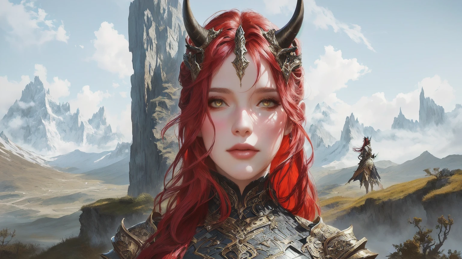 There is a woman with horns and in a dress standing in front of the mountain, portrait concept art fantasy, fantasy portrait, Portrait of a fantasy character, epic fantasy style hd, gothic background, hell background, fantasy portrait, epic fantasy portrait, Epic fantasy digital art style, detailed matte fantasy portrait, fantasy portrait, realistic fantasy illustration, fantasy style, super detailed fantasy character, Portrait of a fantasy character