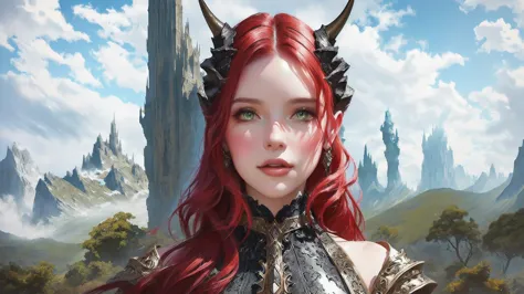 there is a woman with horns and in a dress standing in front of the mountain, portrait concept art fantasy, fantasy portrait, po...