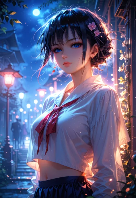 (backlight,navel:1.1,black hair),a beautiful woman in a school uniform on the busy streets of gintama., surrounded by sellers, b...