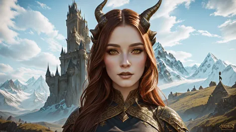 there is a woman with horns and in a dress standing in front of the mountain, portrait concept art fantasy, fantasy portrait, po...