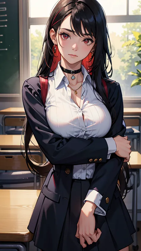 classroom background,
school uniform, navy blue jacket, white collared shirt, black choker, chained, jewelry,
break black hair, ...